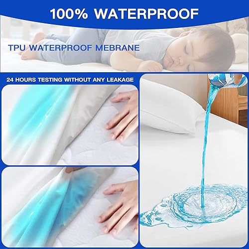 Miniatura 4 de Protector de colchón impermeable tamaño Queen con bolsillo profundo para 18 pulgadas, transpirable y suave, protector de colchón para cama Queen,