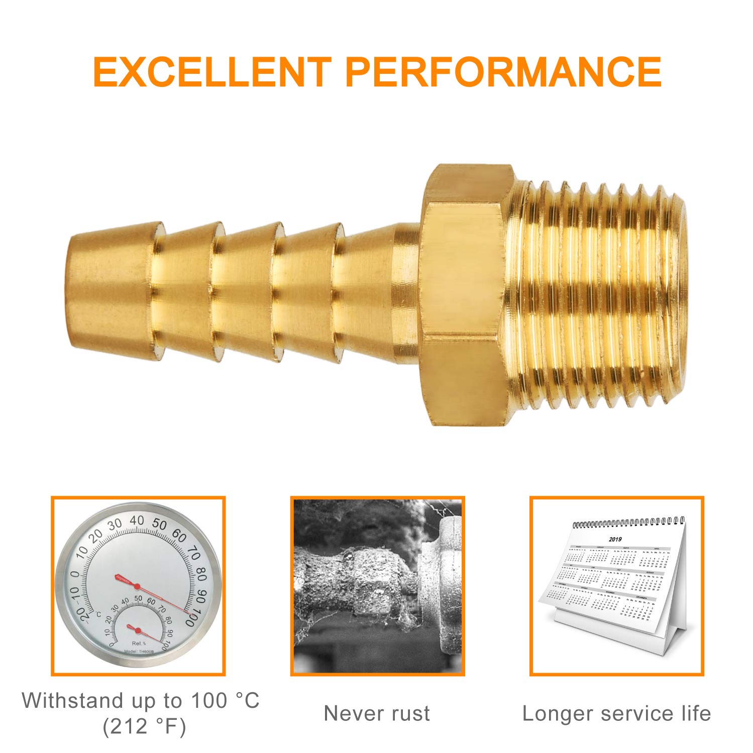 SUNGATOR 6-Pack Brass Hose Fitting, Hose Barb Adapter, 3/8" Hose Barb x 3/8" NPT Male Pipe Fittings