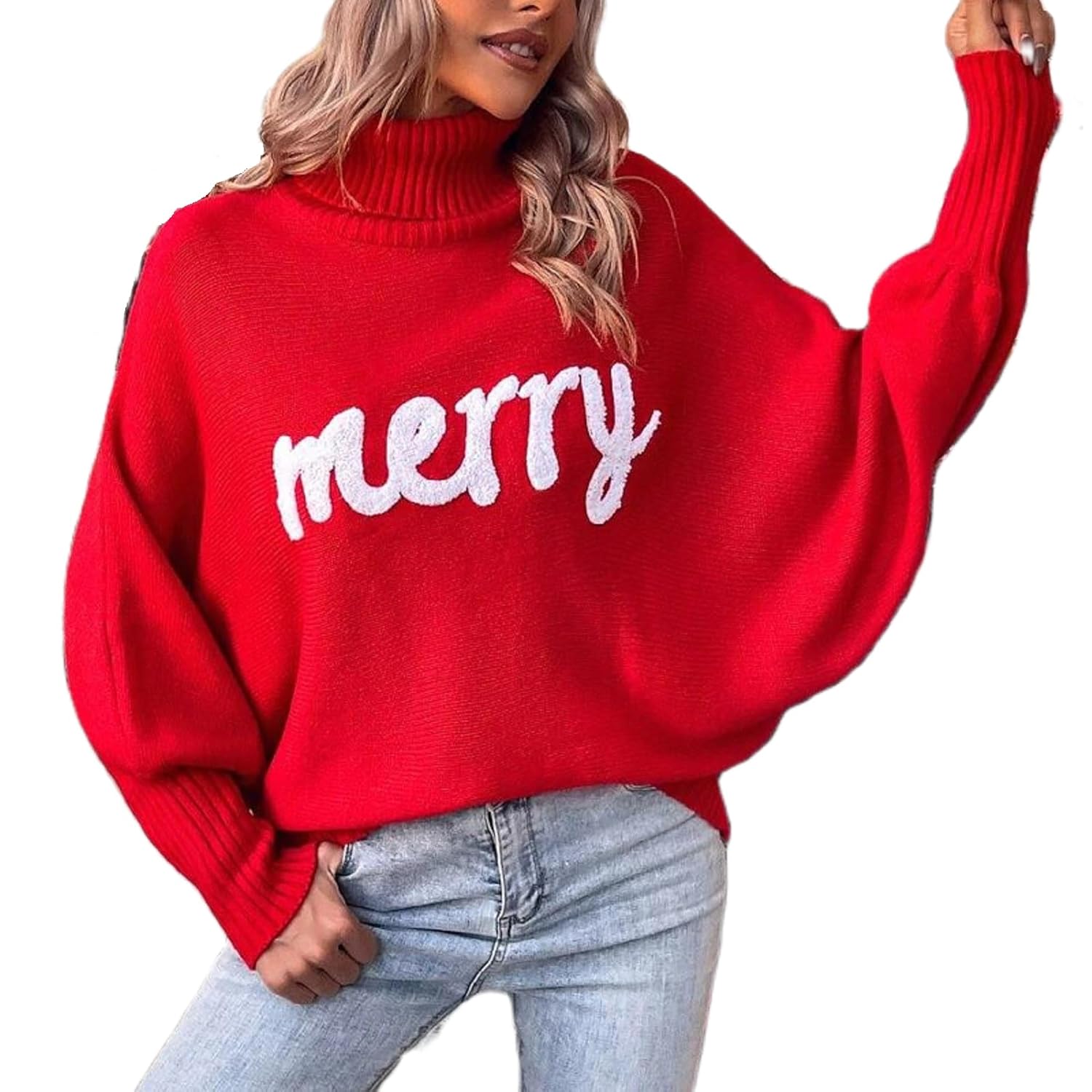 Women Merry Christmas Turtleneck Sweater Xmas Long Batwing Sleeve Letter Pullover Holiday Knitted Sweater Tops