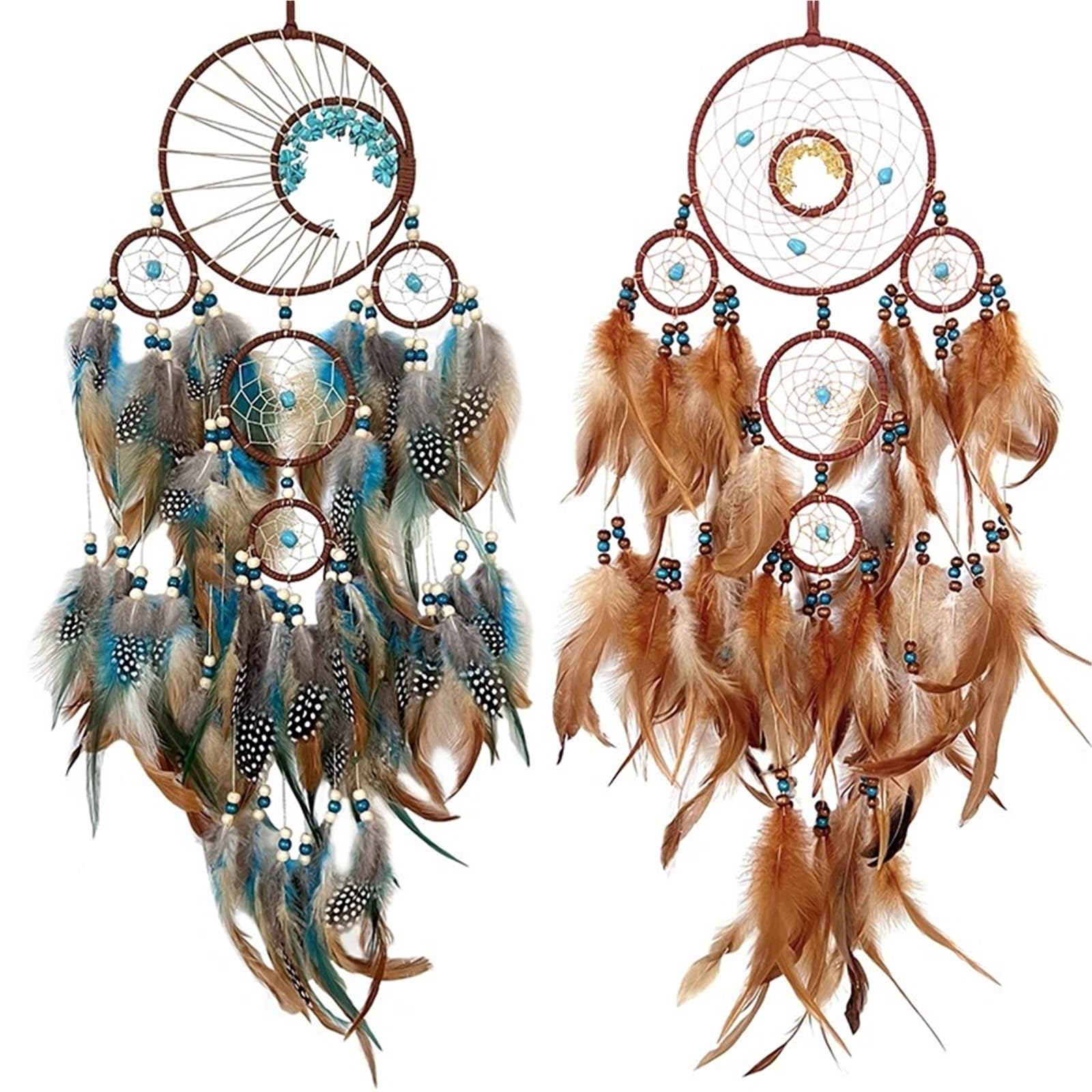 2PCS Dream Catchers Dreamcatcher Home Decoration Stone Feathers for Bedroom(Brown)