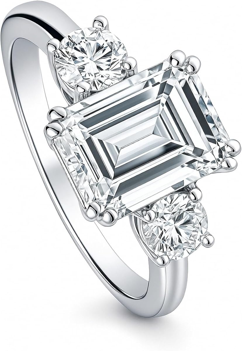 Sterling Silver CZ 3-Stone Wedding Engagement Promise Rings for Her, Cubic Zirconia Ring - Cushion, Emerald, Round Cut