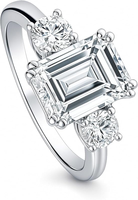Sterling Silver CZ 3-Stone Wedding Engagement Promise Rings for Her, Cubic Zirconia Ring - Cushion, Emerald, Round Cut