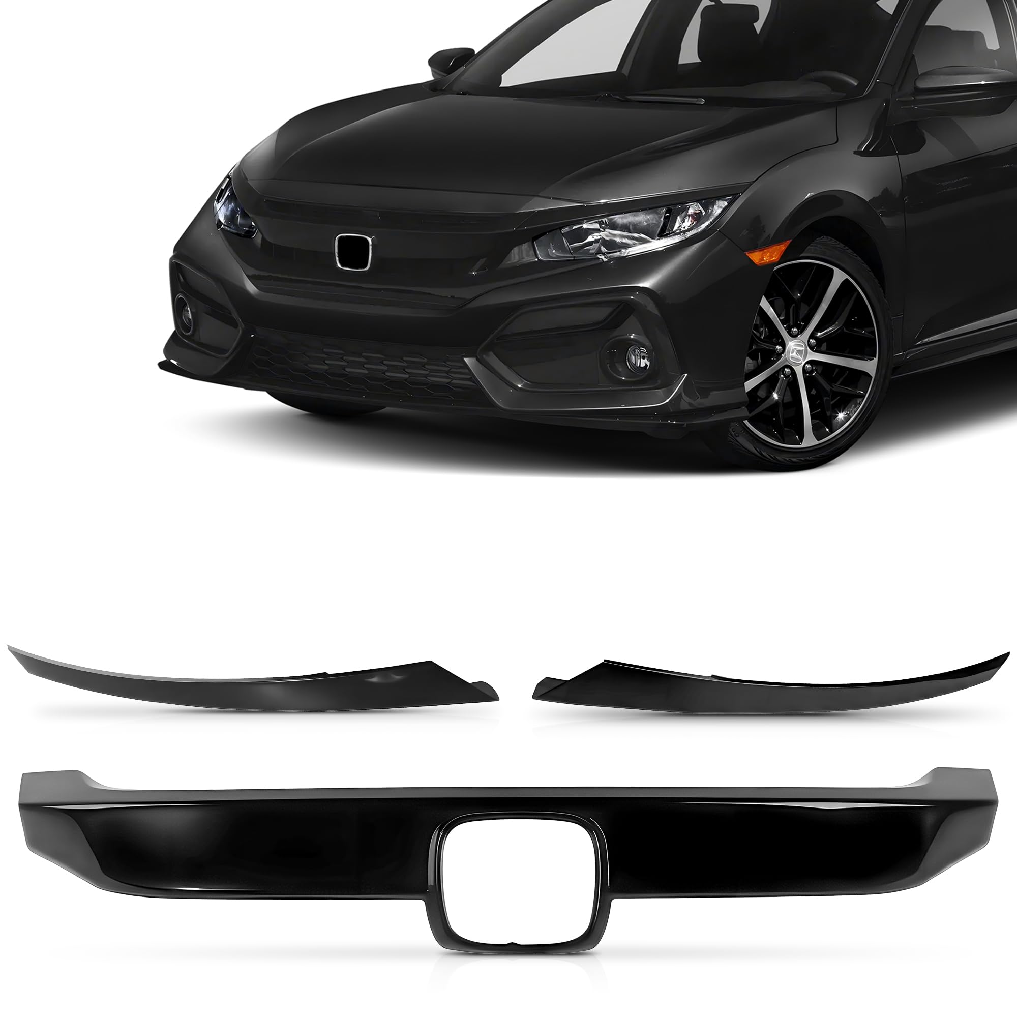 PartsFlow 3PCS Front Grille Molding Trim Upper Grill Cover Glossy Black For 2016 2017 2018 Honda Civic