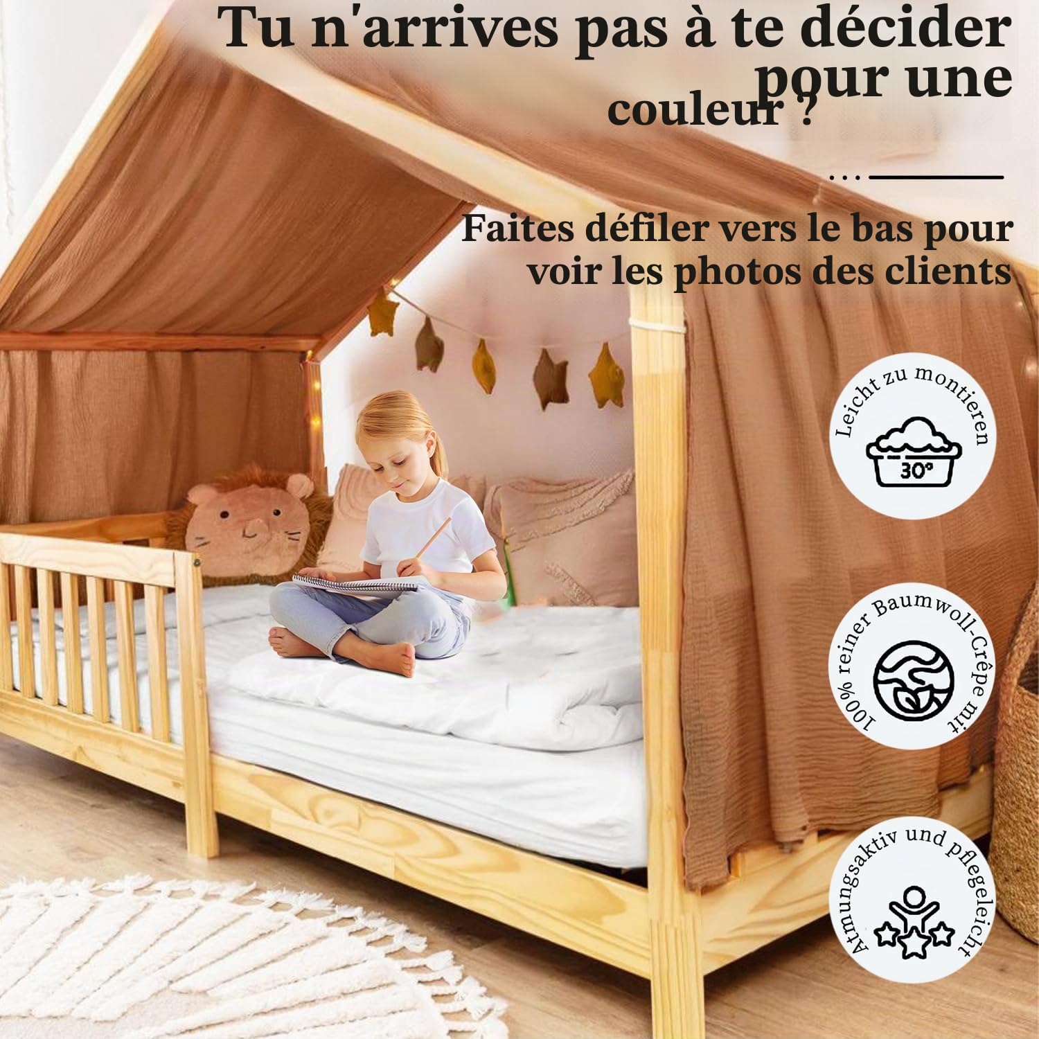 Rodelna Ciel de lit de maison, kit de décoration 100 % mousseline de coton bio, pour fille et garçon, rideau de lit