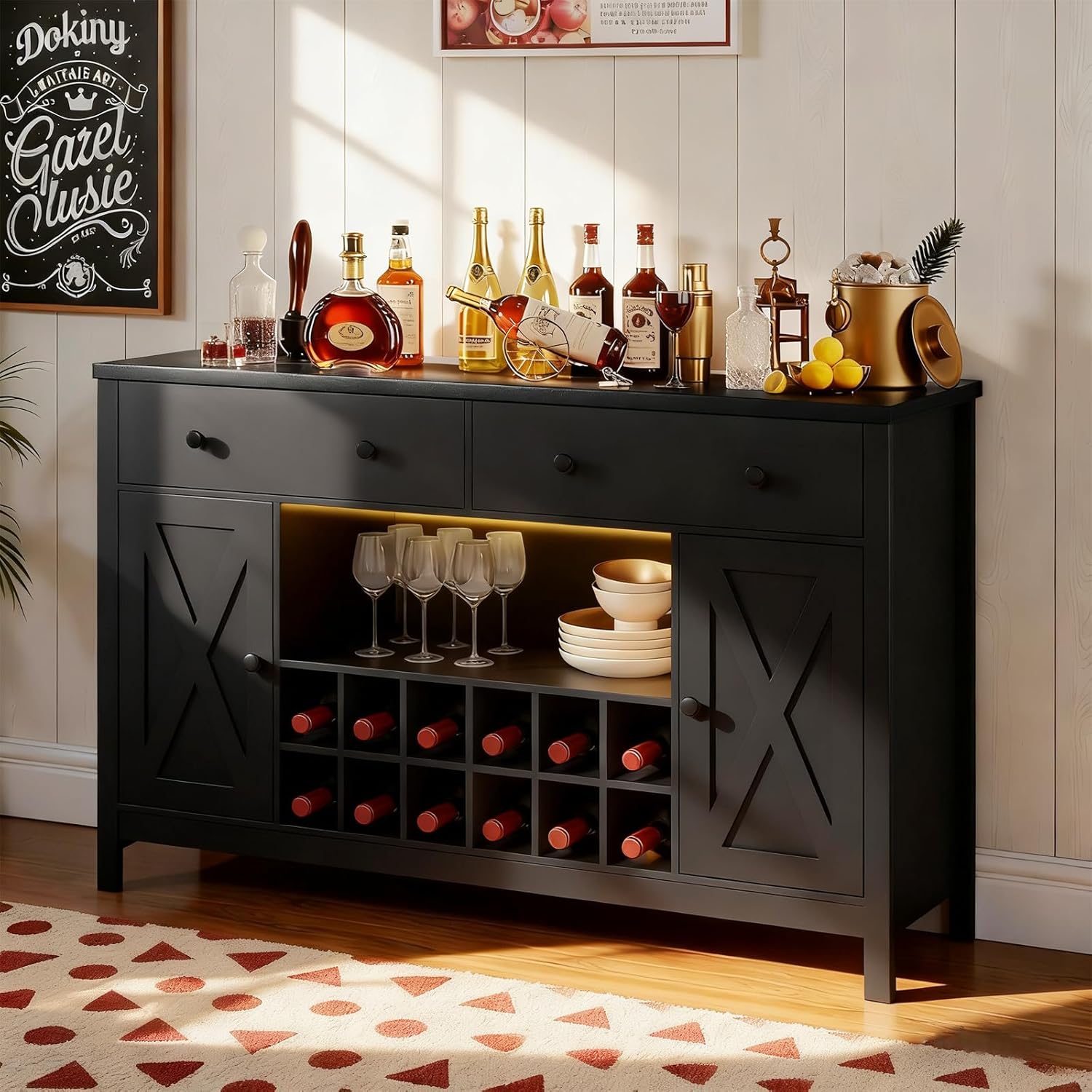 COMHOMA Coffee Bar Cabinet with LED Lights, 55.1 inch Wine Bar Cabinet with Charging Station, Sideboard Buffet Cabinet with Storage for Home Living Room (Black)