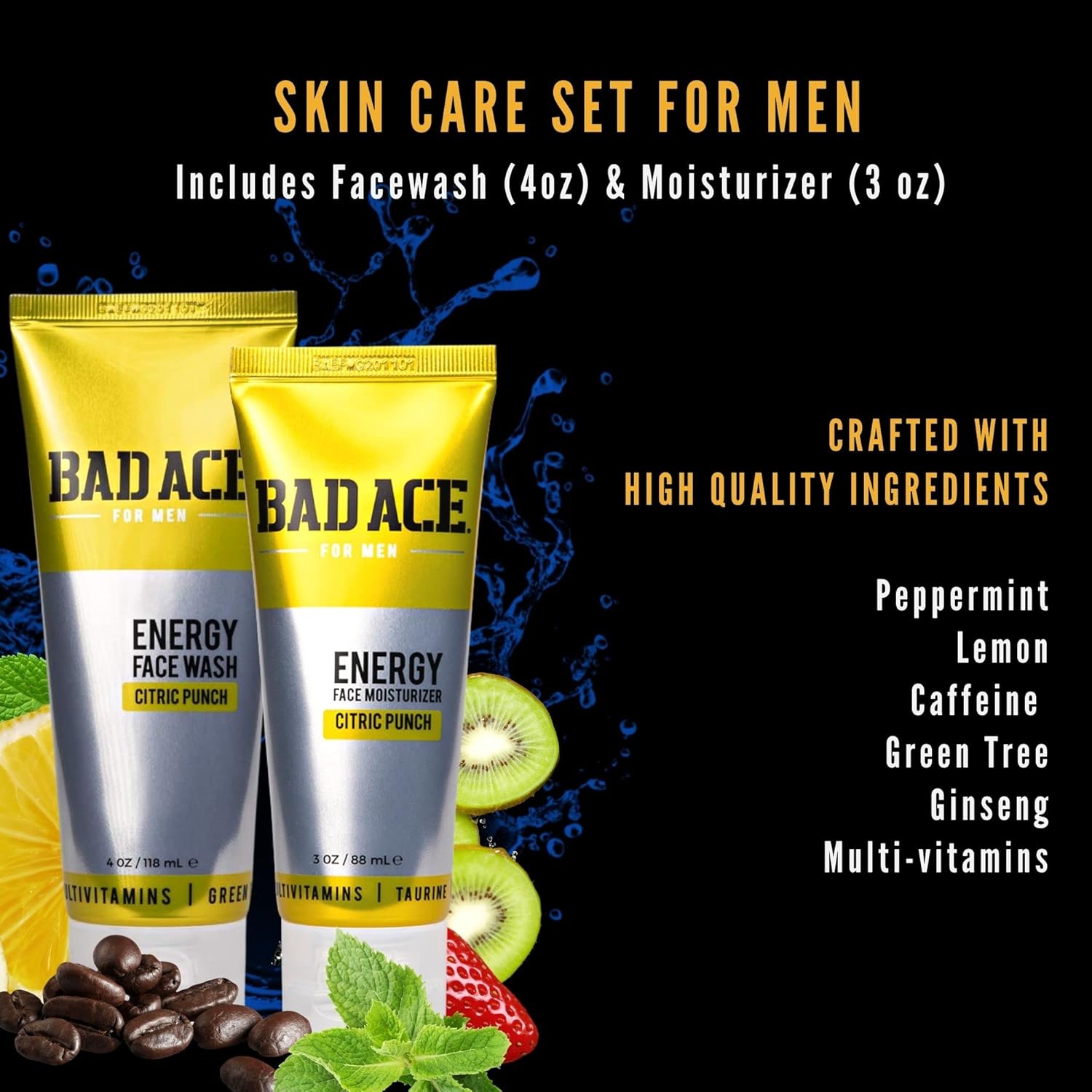 BAD ACE Energy Men's Facewash and Moisturizer Set | Korean Skin Care, Men's Face Care Bundle | Vitamin Facial Care Kit for Men | Citric Punch