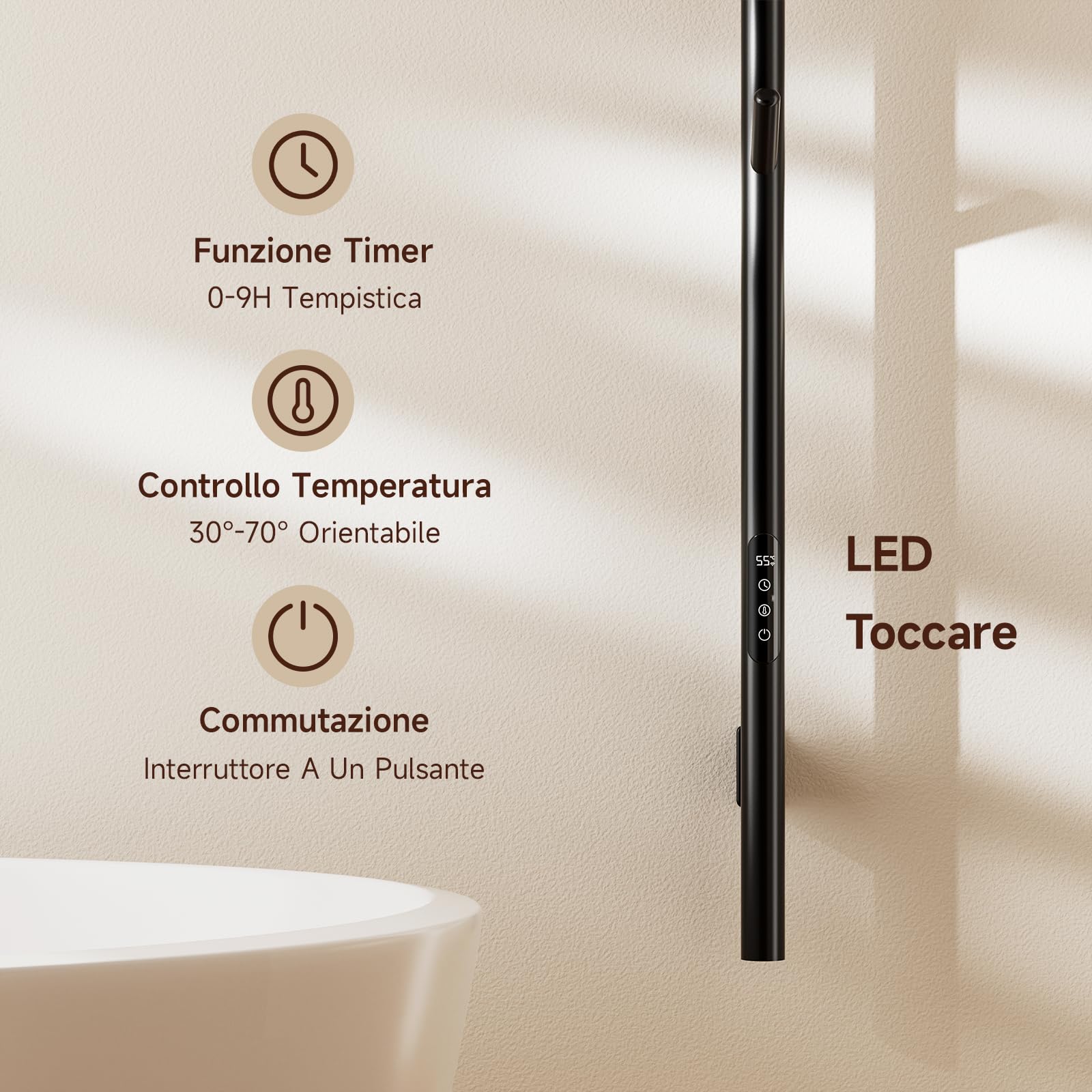 Scaldasalviette Elettrico,153cm,Nero WiFi Smart Portasciugamani Elettrico,con Temperatura Regolabile,Display LED,Timer e 7 Ganci,Compatibile con Google Home e App Controllo