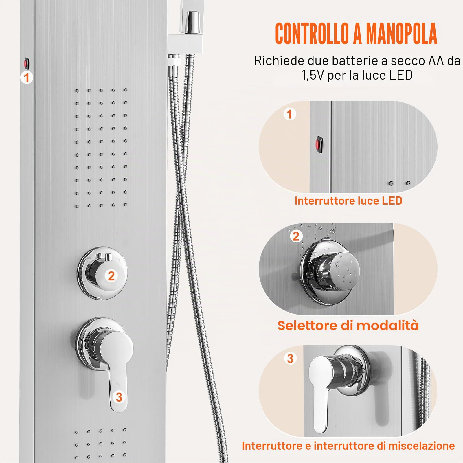 VEVOR Pannello Doccia 5 Modalità, Torre Doccia LED, Pioggia, Cascata, 2 Getti Massaggianti, Bocca Vasca, Soffione Mano, Argento Spazzolato