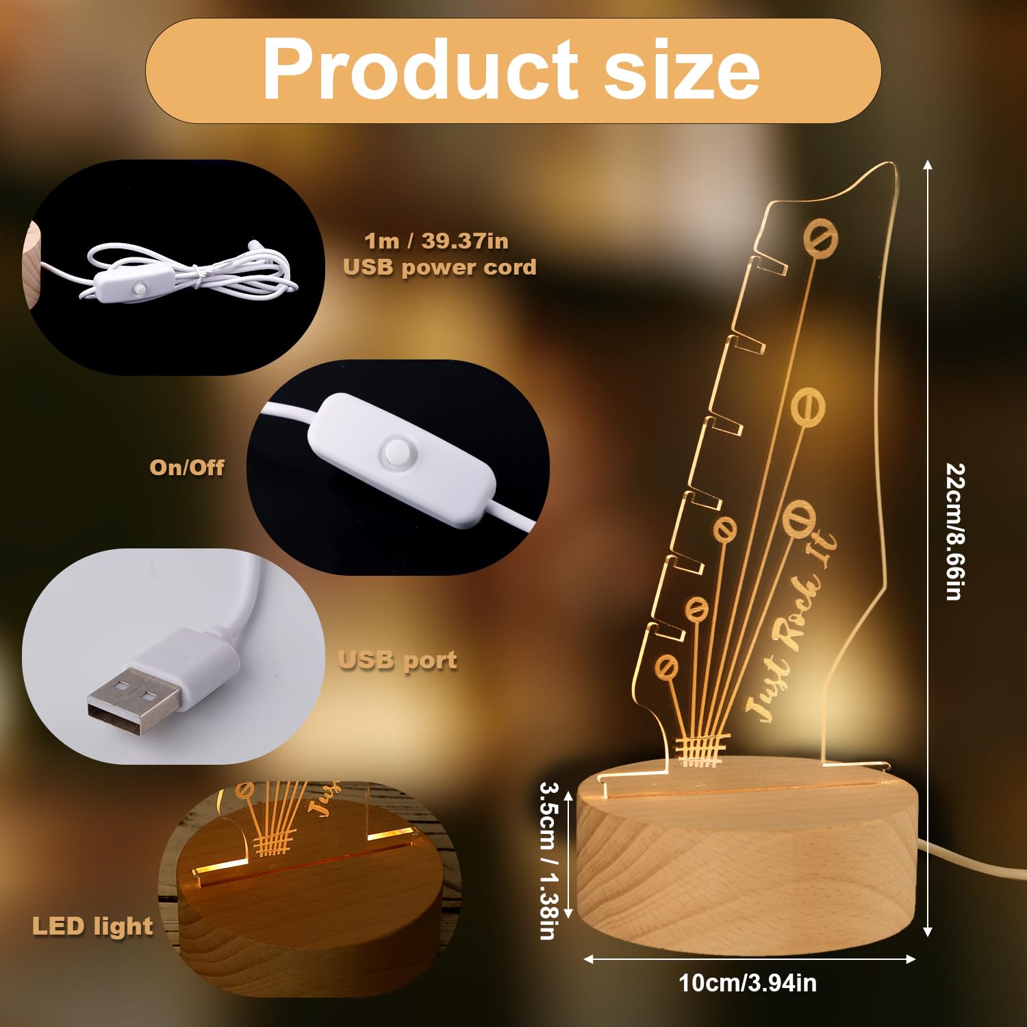 Light Up Guitar Pick Holder, Creative Guitar Headstock Pick Rack with Wooden Base for Pick Storage & Display Best Gift for Men Guitarists Guitar Player Music Lovers