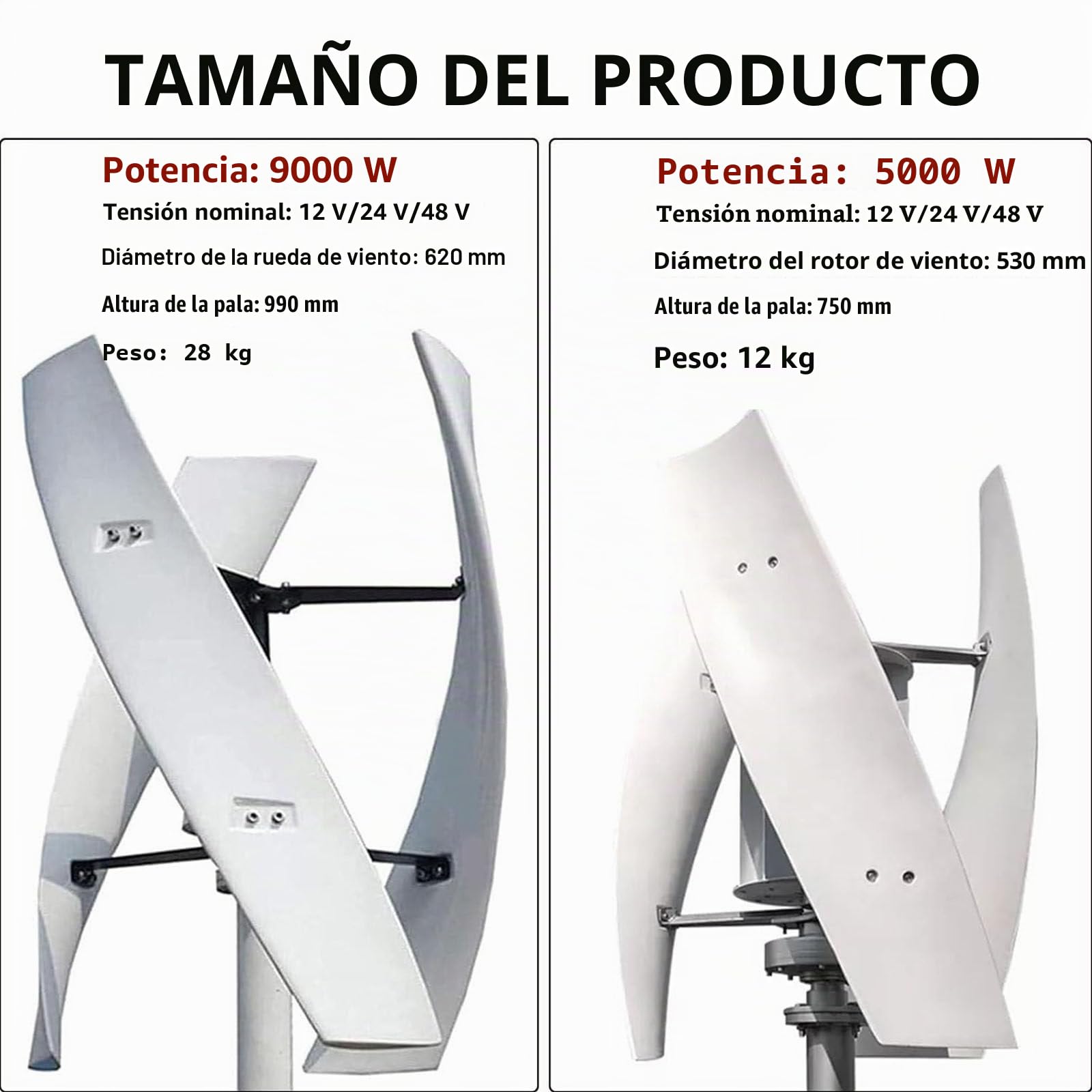 Generador Turbina Eólica 5000w/9000w Portátil Vertical Helicoidal Energía Eólica Energía Libre Kit Molino De Viento Con Controlador De Carga Para El Hogar,Rv,Barco Camping,5000W-24V