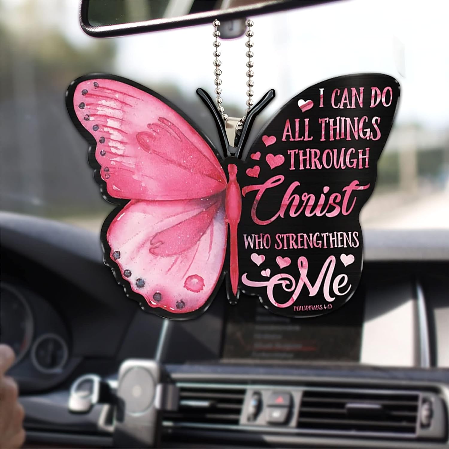 Talataca Pink Butterfly I Can Do All Things Through Christ Strengthens Me 2D Flat Car Rear View Mirror Accessories Christmas Tree Ornament Decoration Hanging Charm Interior Rearview Pendant Decor Gift