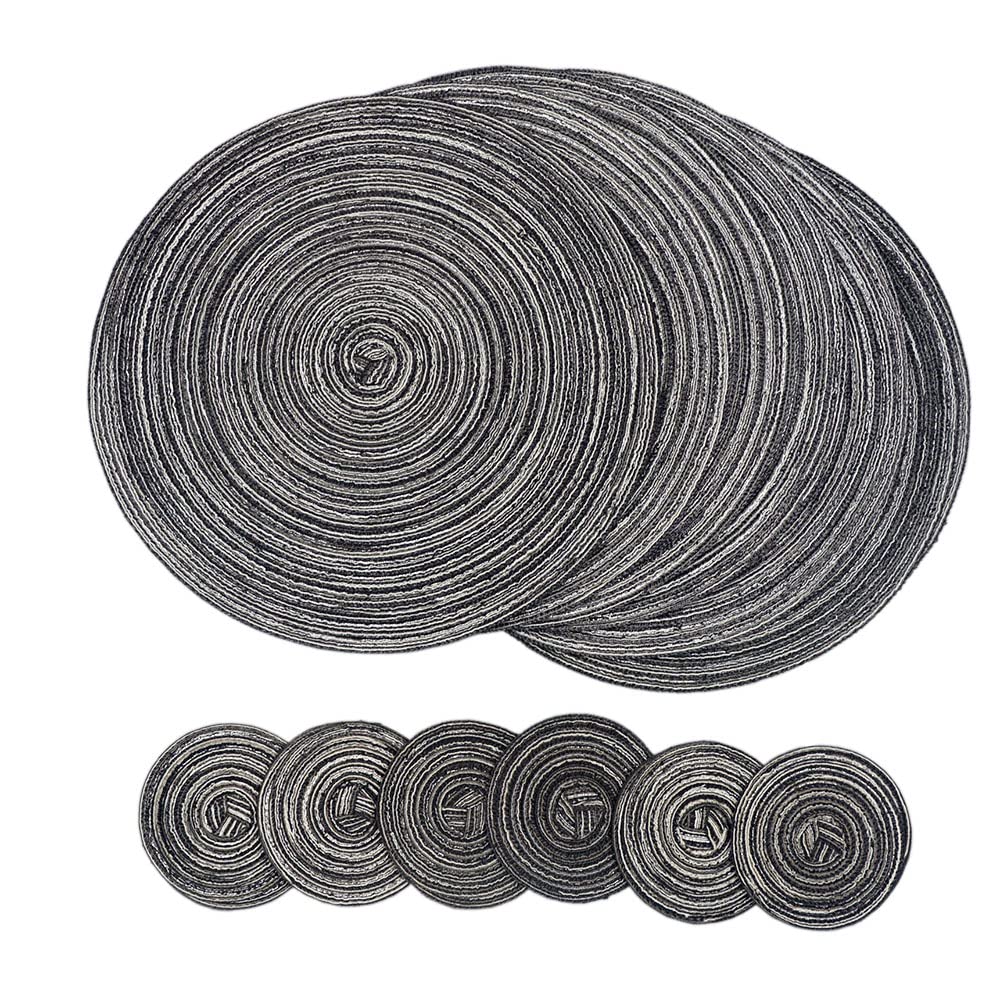 SCF2017 Round Woven Cotton Placemats, Heat Resistant 38cm Table Mats and 11cm Coasters,Set of 6,Black โ image 1