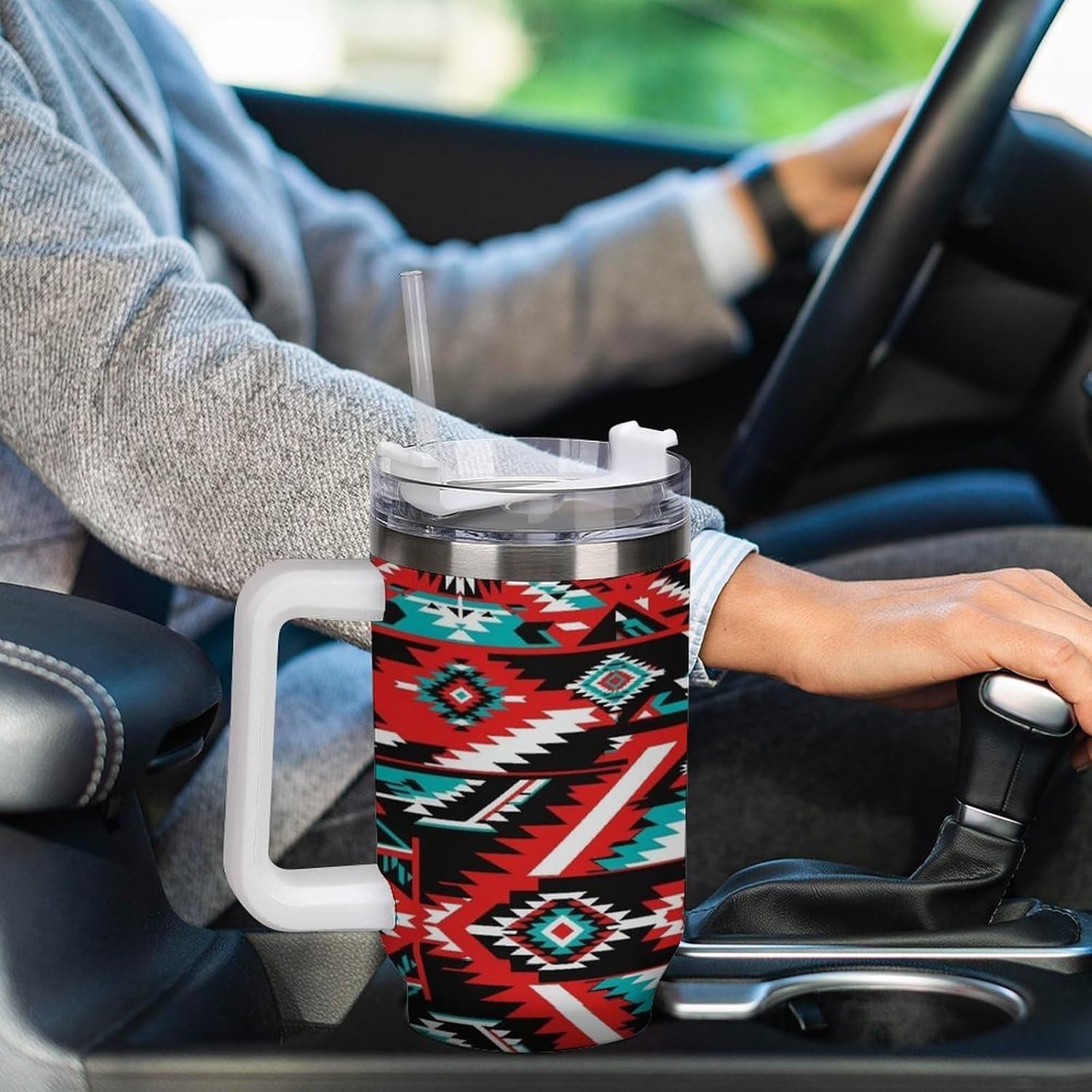 Stainless Steel Insulated Tumbler with Lid and Straw, Portable Geometric Indiana Western Southwest Tribal Ethnic Aztec Red Turquoise Water Bottle, Travel Cup for Water, Iced Tea, Coffee