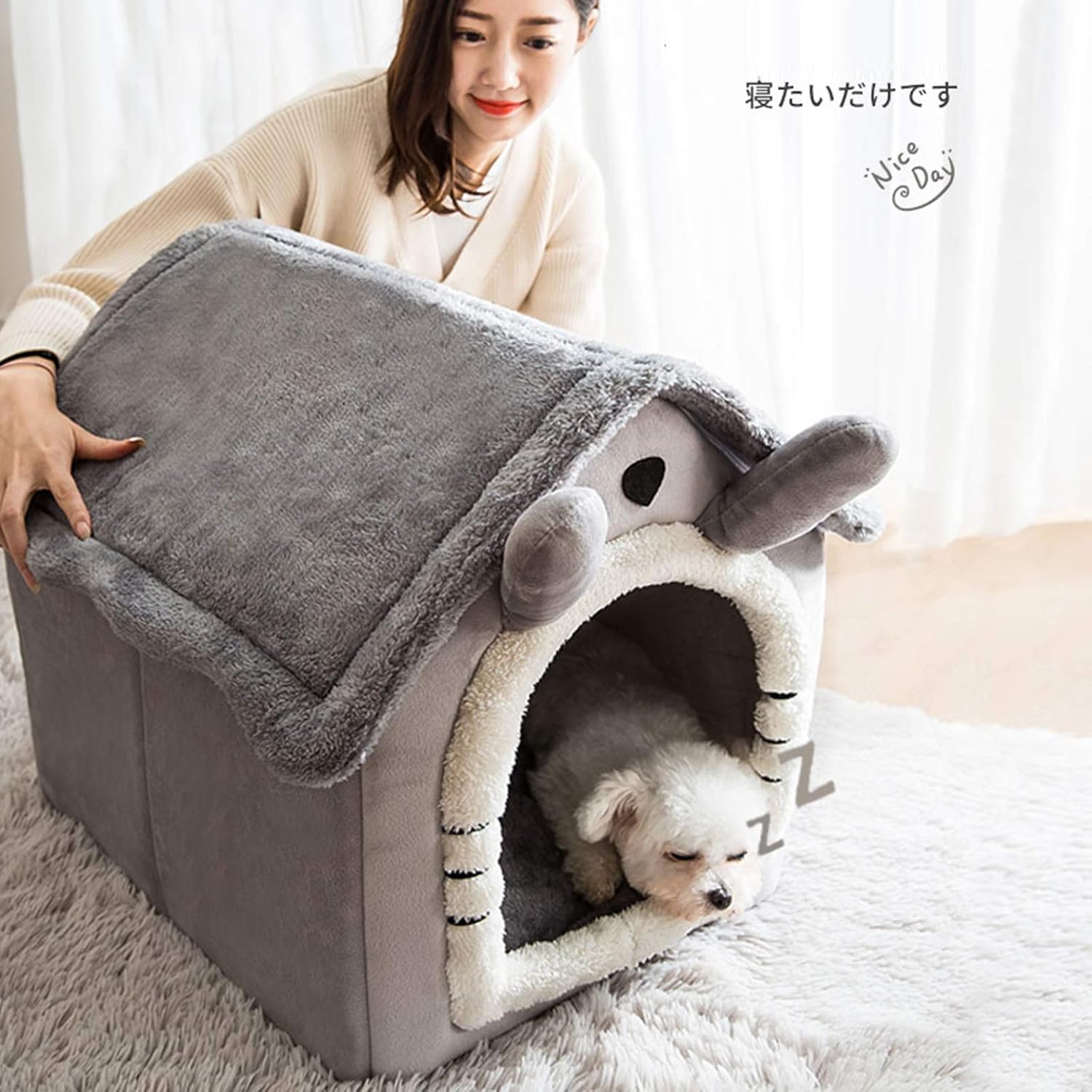 Amazon 小型犬猫用ペットハウス室内用犬小屋三角屋根ドット ペットベッドハウス取り外し可能屋根付きふわふわ クッション付き 猫 テント オールシーズン おしゃれ 洗える 折りたたみ可 寝床 冷暖房 ホットカーペット対応3サイズ グレー猫柄 M Jastie ベッド