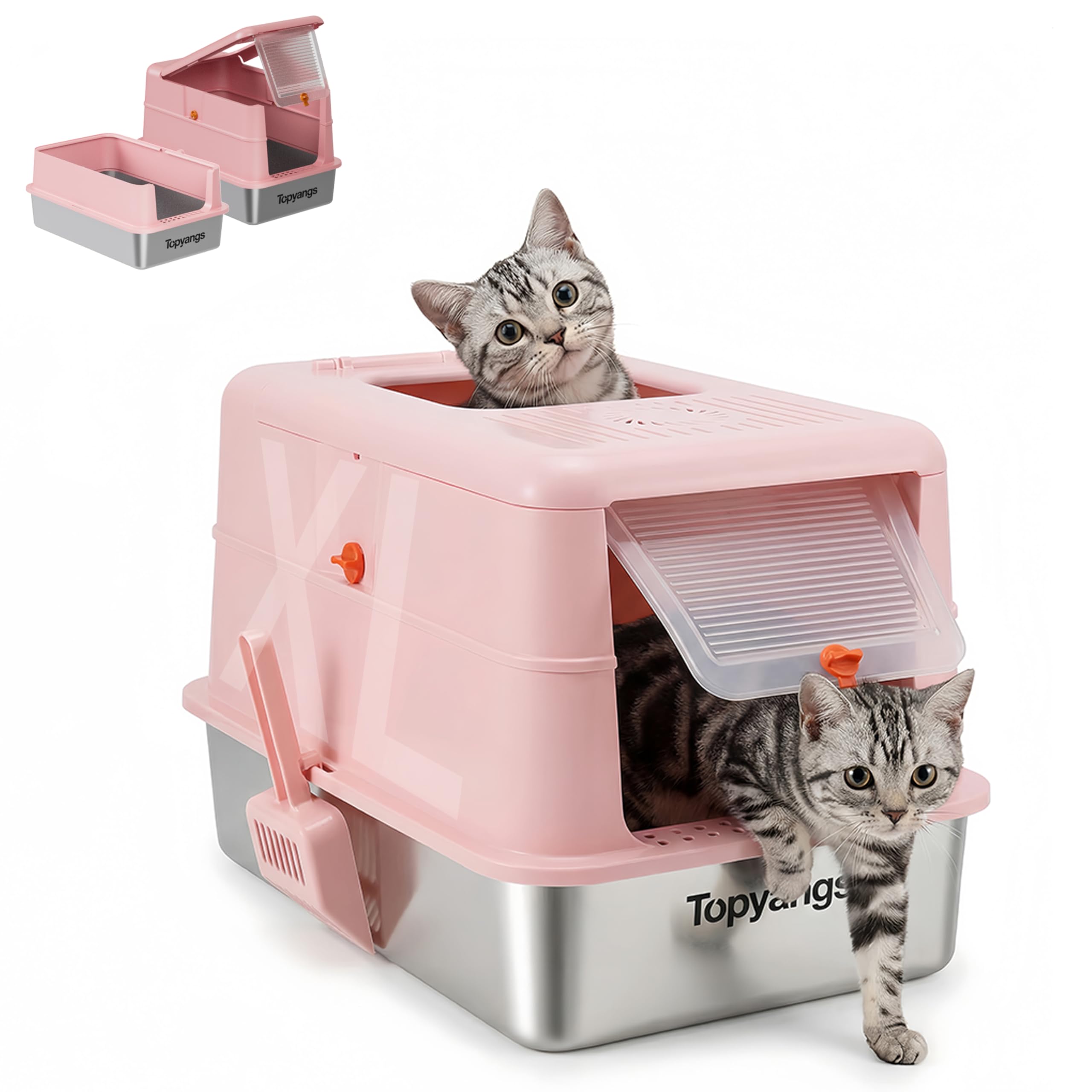 Topyangs Stainless Steel Cat Litter Box, Enclosed Odor Control Extra Large Metal Litter Box with Lid, 135° Flip-Top Covered Design, Leak-Proof High Sided Box for Large Cats & Multi-Cat Homes, Pink