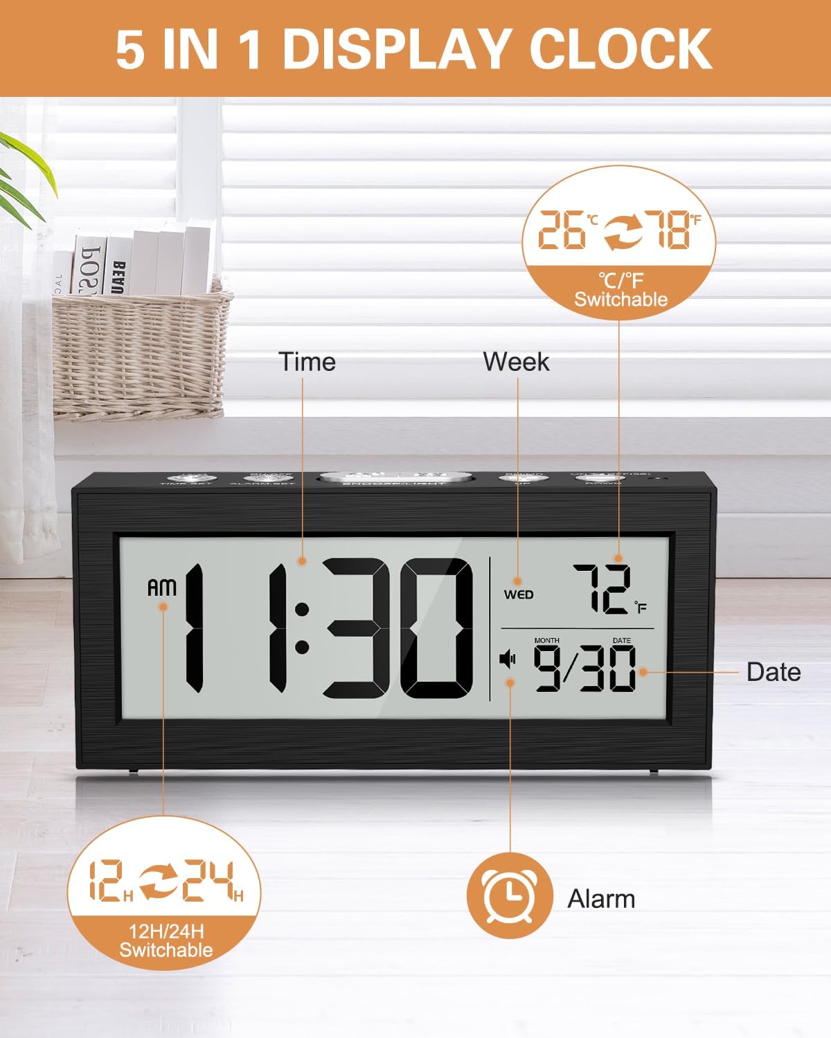 Battery Powered Digital Clock, LCD Digital Clock with Date & Temp Display, 5 Alarm Schedule, Snooze, 12/24 H, Auto Dimming, 5s Backlight, Small Alarm Clocks for Bedroom, Office, Travel