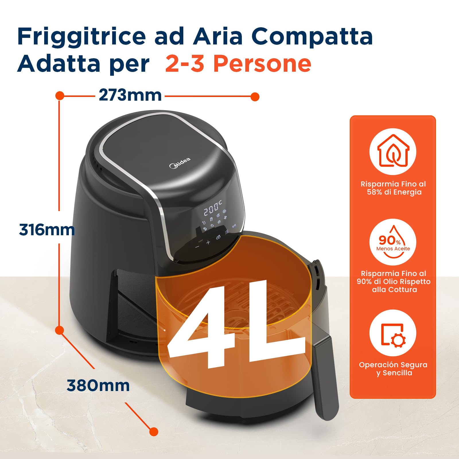 Midea Friggitrice Ad Aria 4L con LED Touchscreen, 35–200 °C Air Fryer, 8 Funzioni di cottura, Lavabile in Lavastoviglie, 41 Ricette, Cuocere, Grigliare, Scongelare, Agitare Allarme, 1500W