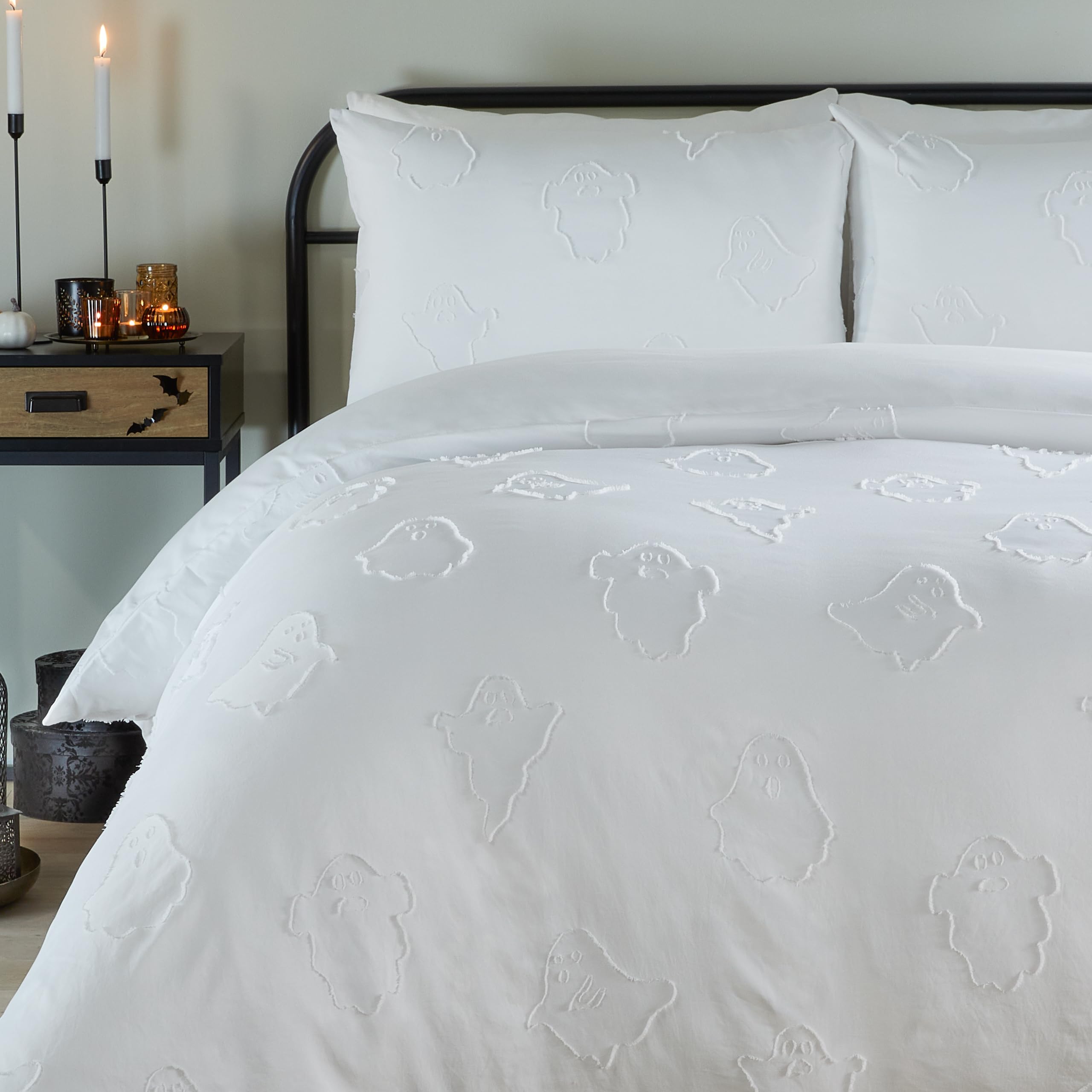 Copripiumino Duvet Day Ghostly Ghouls - Biancheria da letto trapuntata ultra morbida al tatto per Halloween (Bianco - Matrimoniale)