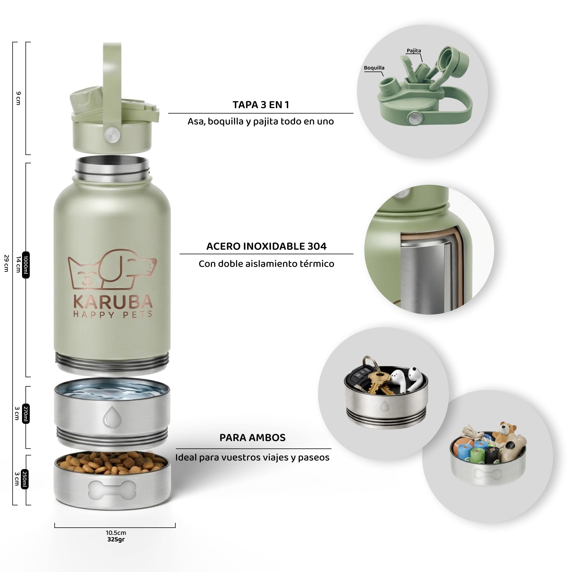 Botella Bebedero Portátil Perro 3 en 1 Acero Inoxidable Premium 1L – Comedero Integrado, Agua Fría 24h, Sin Microplásticos, Boquilla Dual Humano y Perro – Viajes, Senderismo, Playa, Paseos