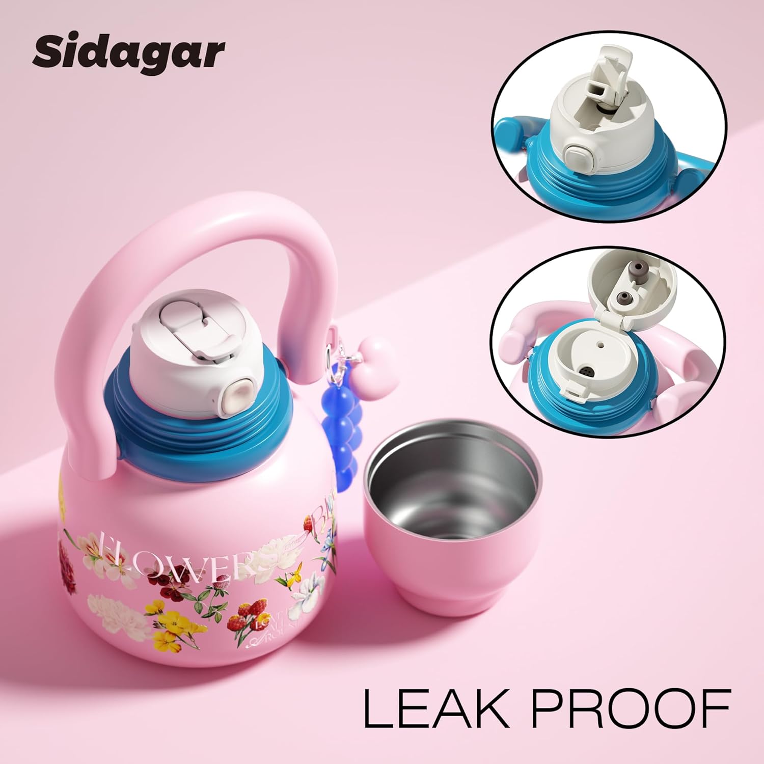 22 oz Water Bottle with Straw and Bowl, Wide Mouth Insulated Stainless Steel Tumbler, Travel Water Cup Drinks Flask for Women Easy Carry, Floral Pink - Image 4