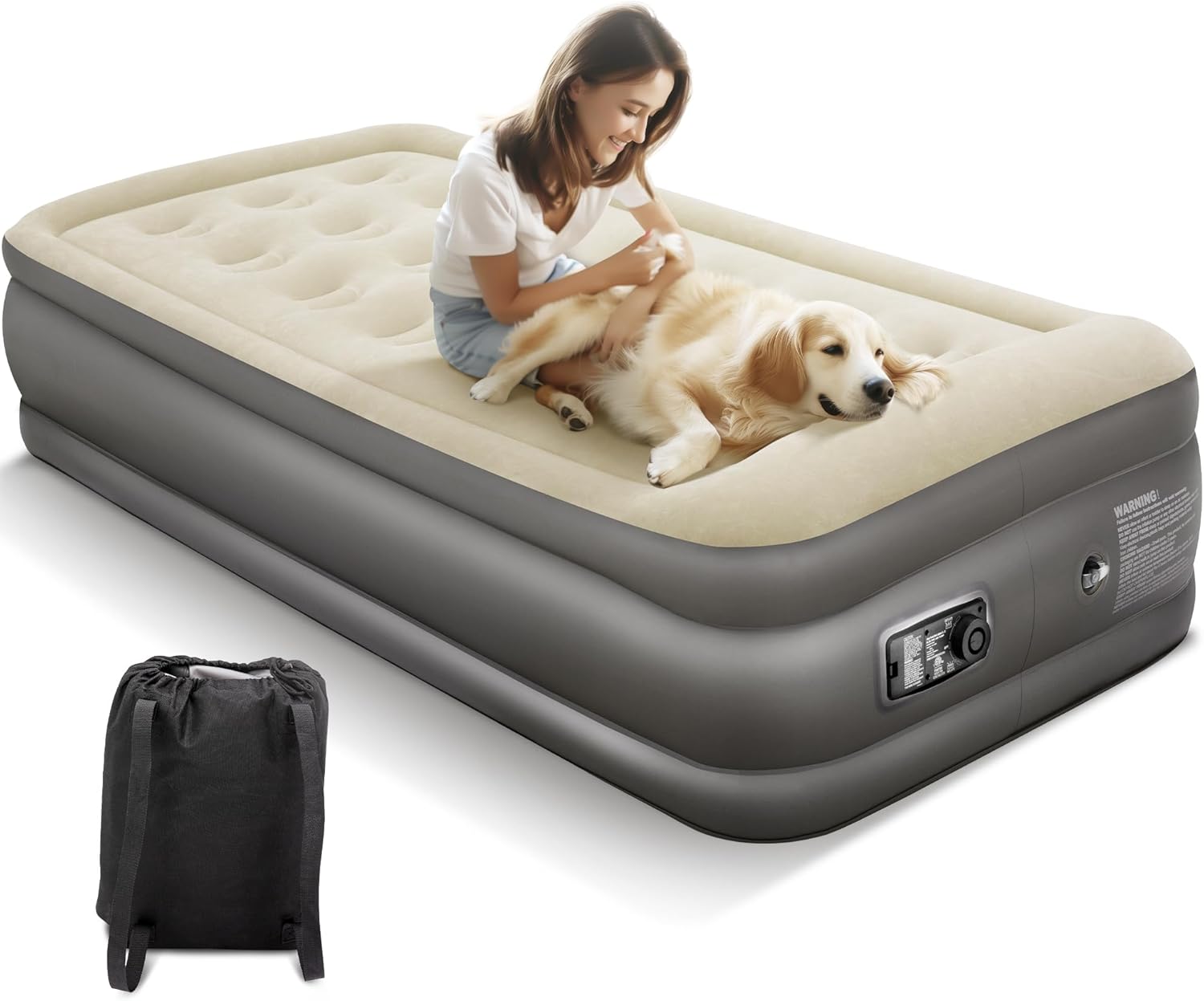 ALPHA CAMP 19” Twin Air Mattress with Built in Pump and Pillow, Blow up Mattress in 2 Mins Self-Inflation/Deflation with Soft Plush Top, Foldable Inflatable Mattress, Air Bed for Camping, Home Guest