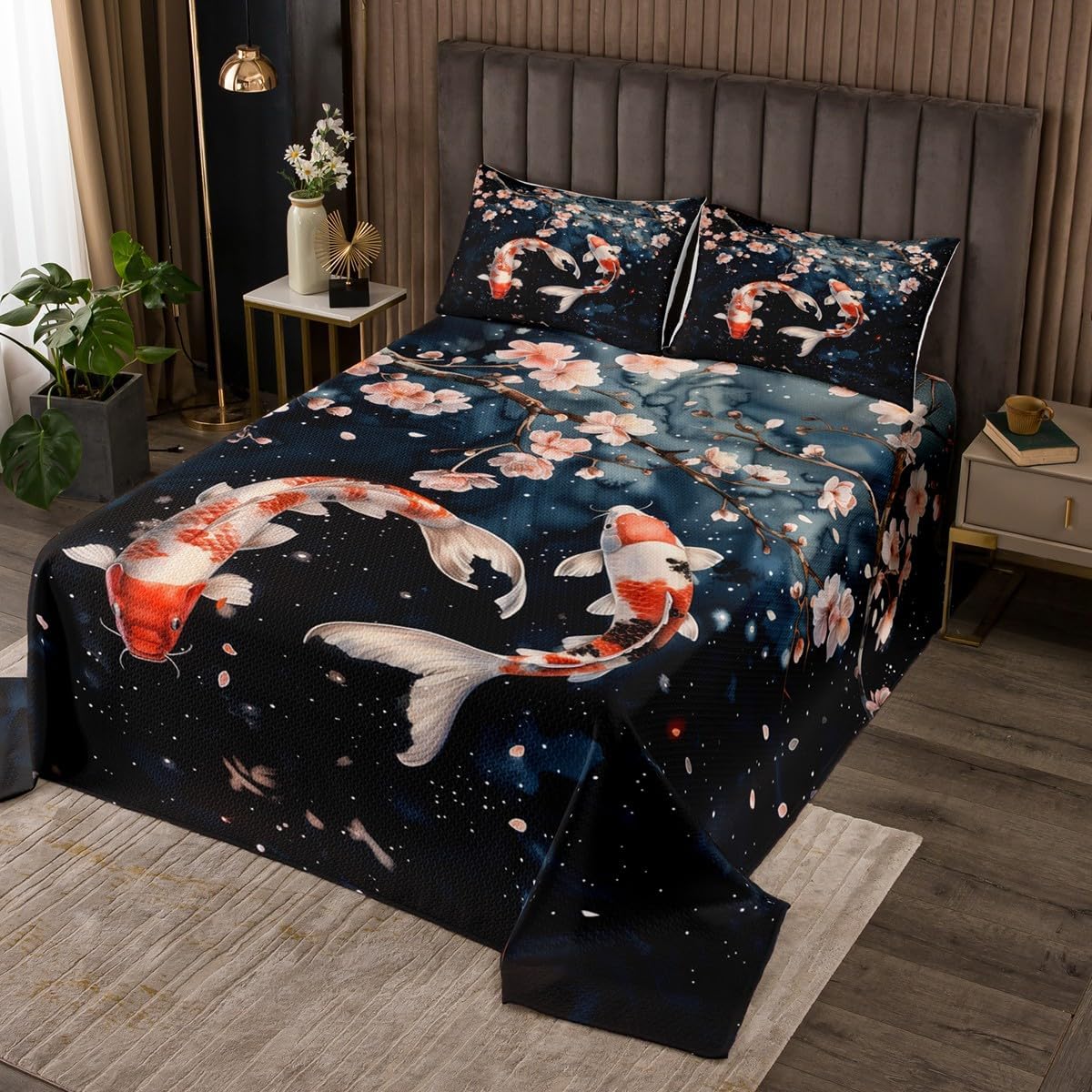 Erosebridal Purple Cherry Blossom Bedspread Set Queen,Violet Japanese Style Coverlet Sets,Ocean Waves Moon Bedding Set,Marine Coastal Nautical Theme Room Decor with 2 Pillow Cases