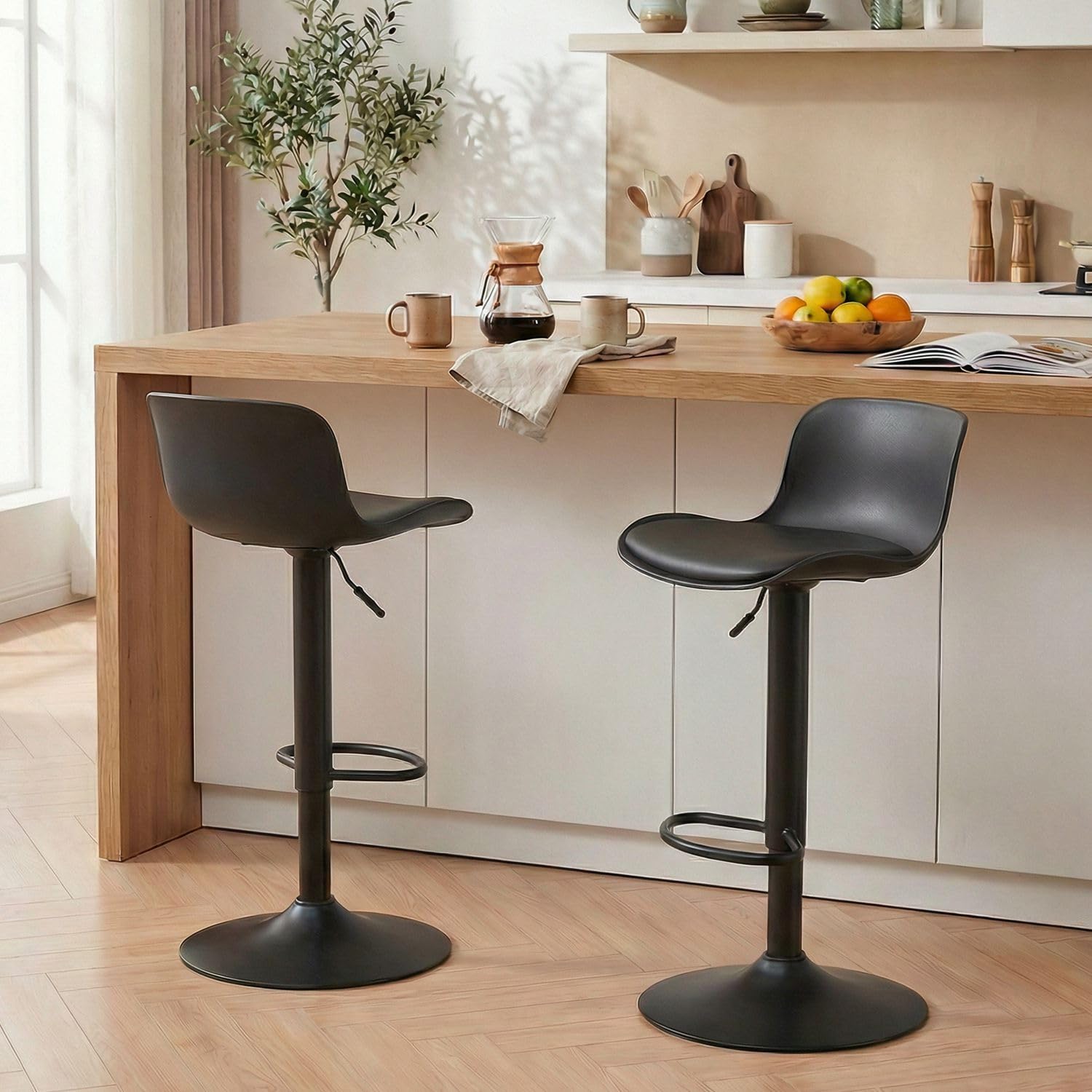 YOUNIKE Barhocker 2er Set Schwarz, Höhenverstellbarer Dreh-Barstuhl mit Rückenlehne, Hohe Barstühle als Küchenstuhl Tresenstuhl, Praktische Barhocker für Bartheke Küche Essbereich