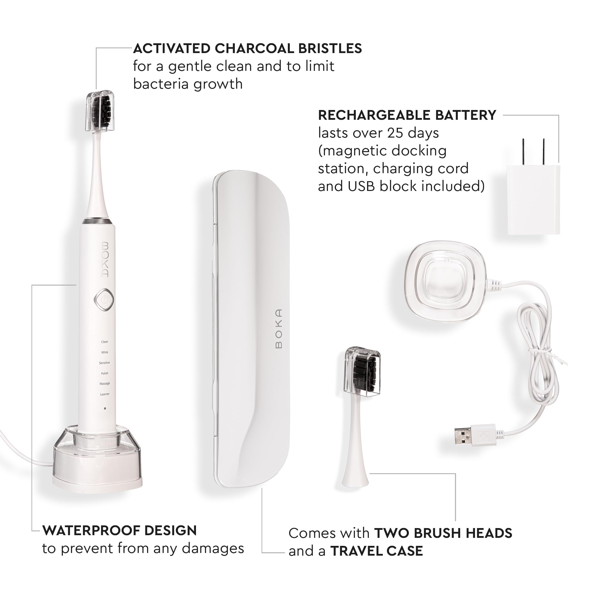 Boka 3.0 Electric Toothbrush for Adults w/ 2 Heads - Rechargeable Sonic Powered Tooth Brush - Charcoal Activated Bristles for Deep Cleaning - Dentist Recommended Oral Care - Charging Base w/Micro USB