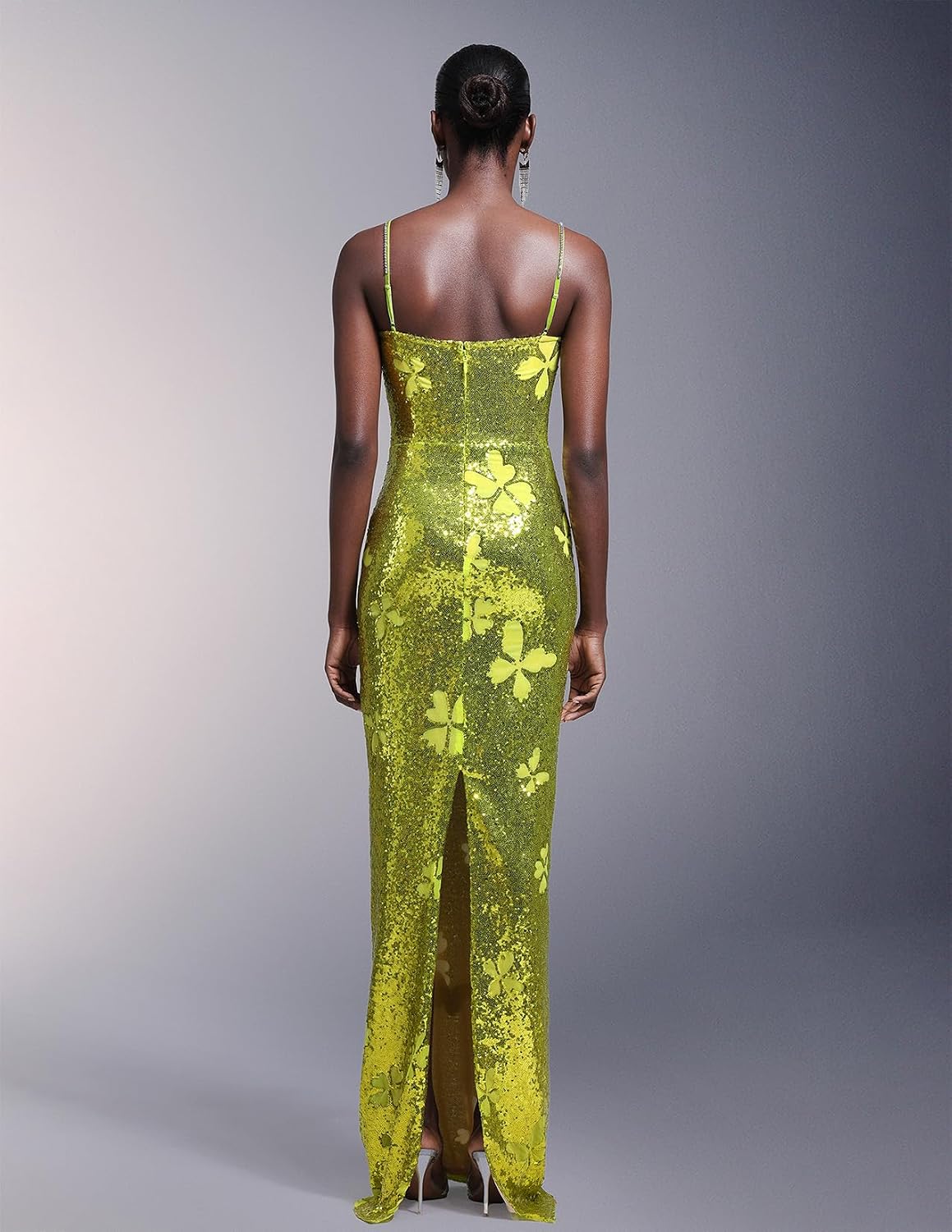 BELLA BARNETT Butterfly Motifs Enthralling Silver Spaghetti Strap Sequin Dress Green Vintage Slim Evening Dress