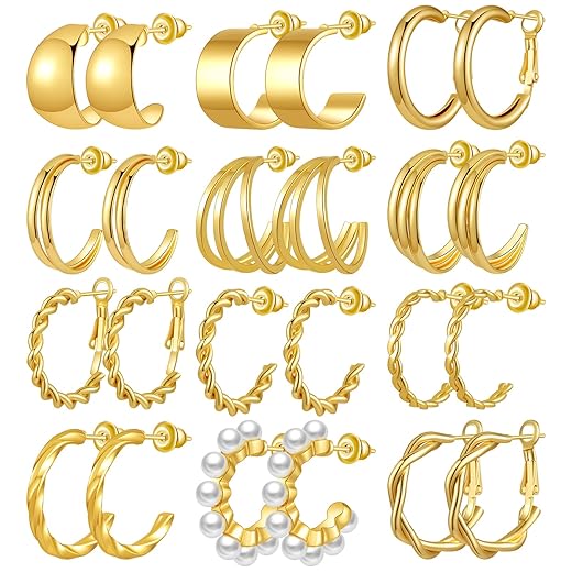 12 Pairs Hoop Earrings Set for Women,Hypoallergenic Lightweight Chunky Open Twist 14K Gold Plated Huggie Hoop,Thick Hoops Earring set Christmas Gifts