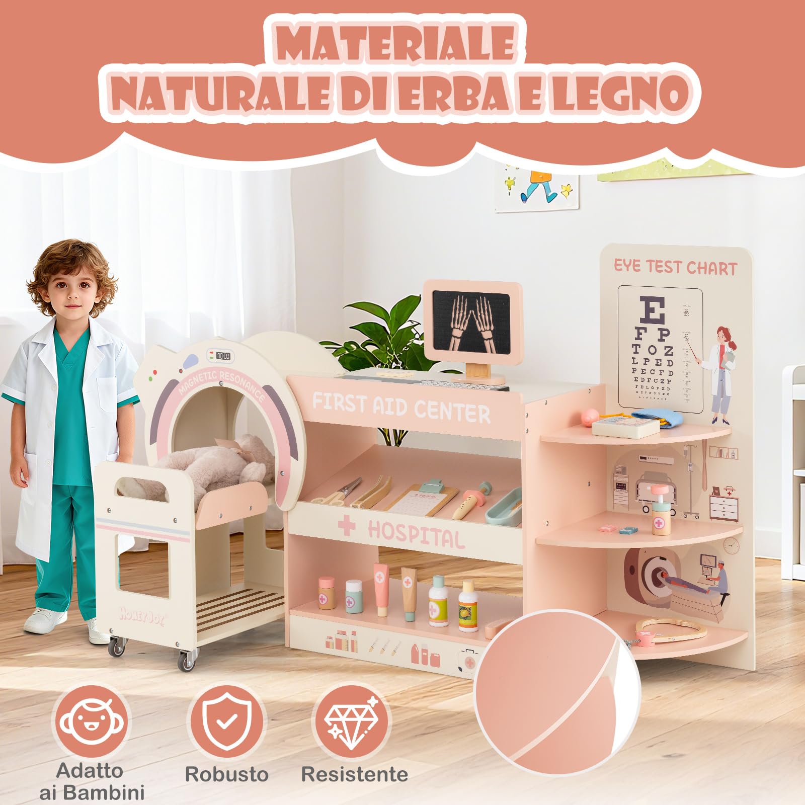 COSTWAY Set Gioco Dottore per Bambini, Medico Giocattolo in Legno con Tabella Oculistica, Macchinario CT e Radiografie, Gioco di Ruolo Medico Educativo con Accessori per Bambini 3+ Anni (Rosa)