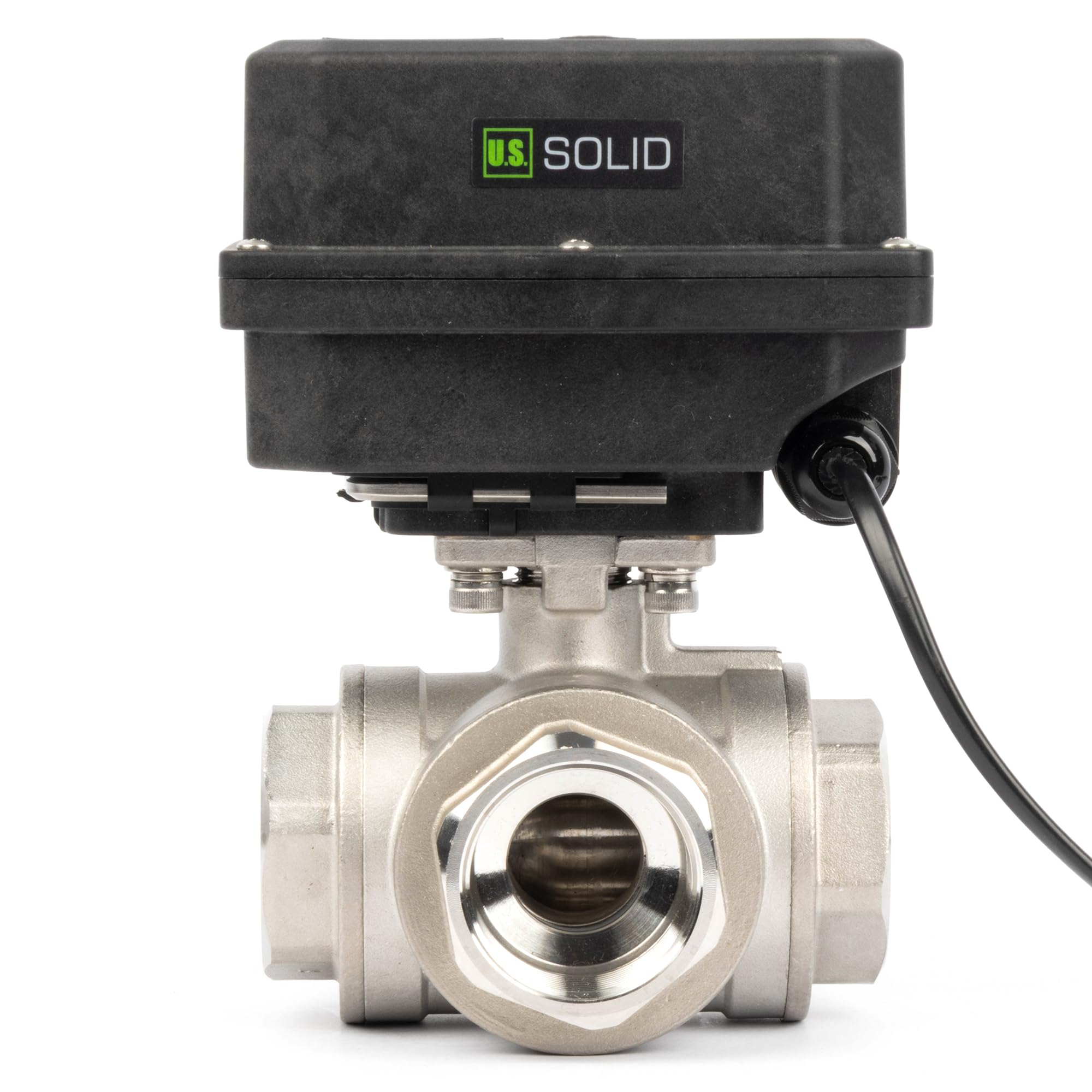 U.S. Solid Válvula de bola de motor de acero inoxidable de 3 vías, válvula de bola con función manual, enchufe de la UE, grifo de paso de agua versátil y resistente tipo L, puerto estándar (1-1/4