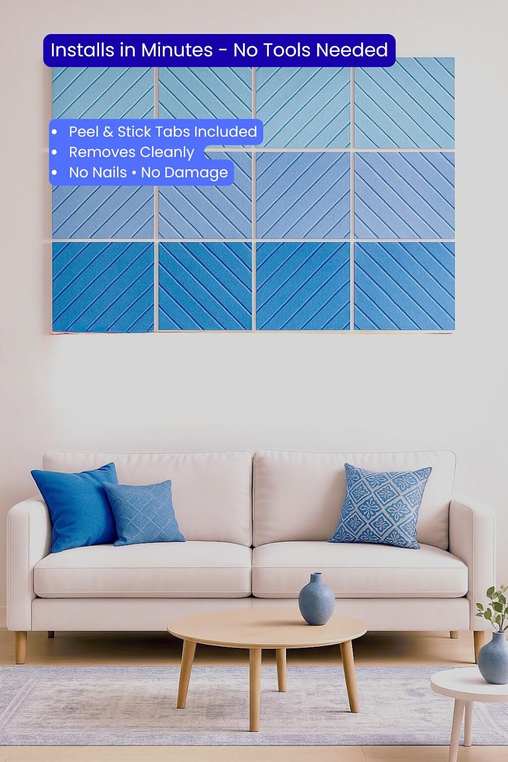 Decorative Felt Wall Tiles Bulletin Board - Large 47" x 35" Modern Pin Board Wall System for Home, Nursery, Dorm & Classroom - 12 Pack Cork Board Alternative with Push Pins & Adhesive Tabs (Sky)