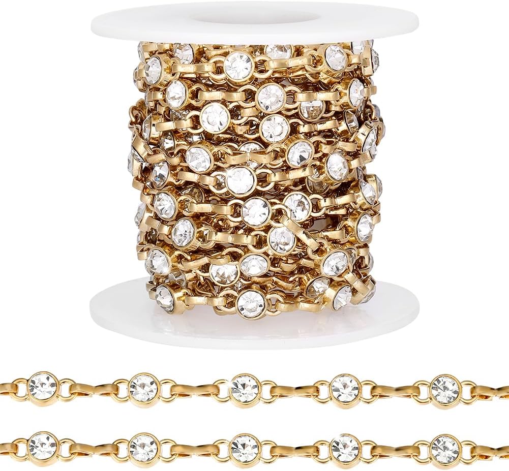 PH PandaHall 4 Yards Cubic Zirconia Chain for Jewelry Making Golden Rhinestone Chains Sparkle Crystal Chains Metal Link Chain for DIY Crafts Bracelet Necklace Clothes Shoes Embellishment Decor
