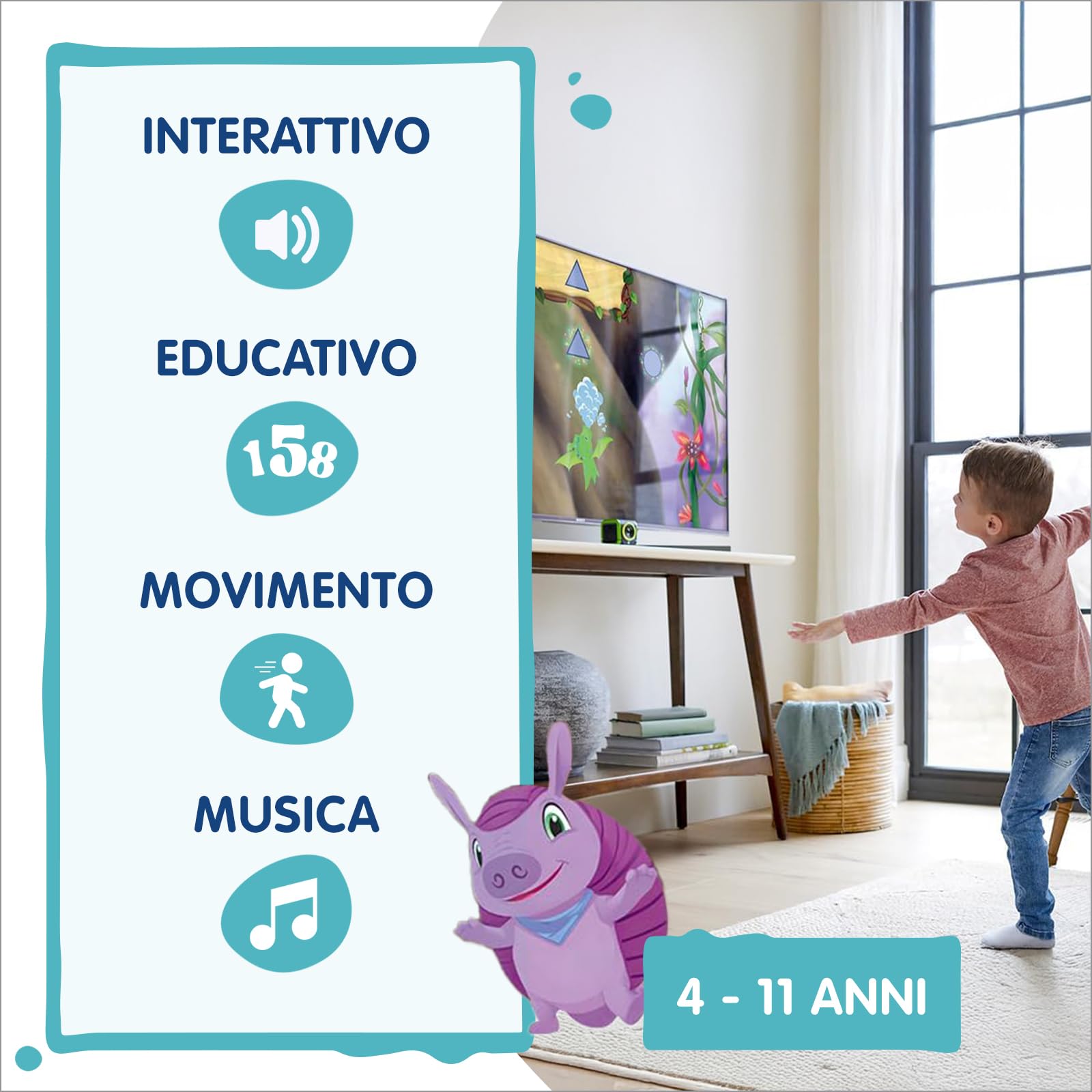 VTech LeapMove, Console TV Interattiva per Bambini, Rileva i Movimenti Senza Controller, Pronta all'Uso, 25 Giochi Educativi, 3 Profili Giocatore, Lingua Italiana, Cavi Inclusi, 4-11 Anni