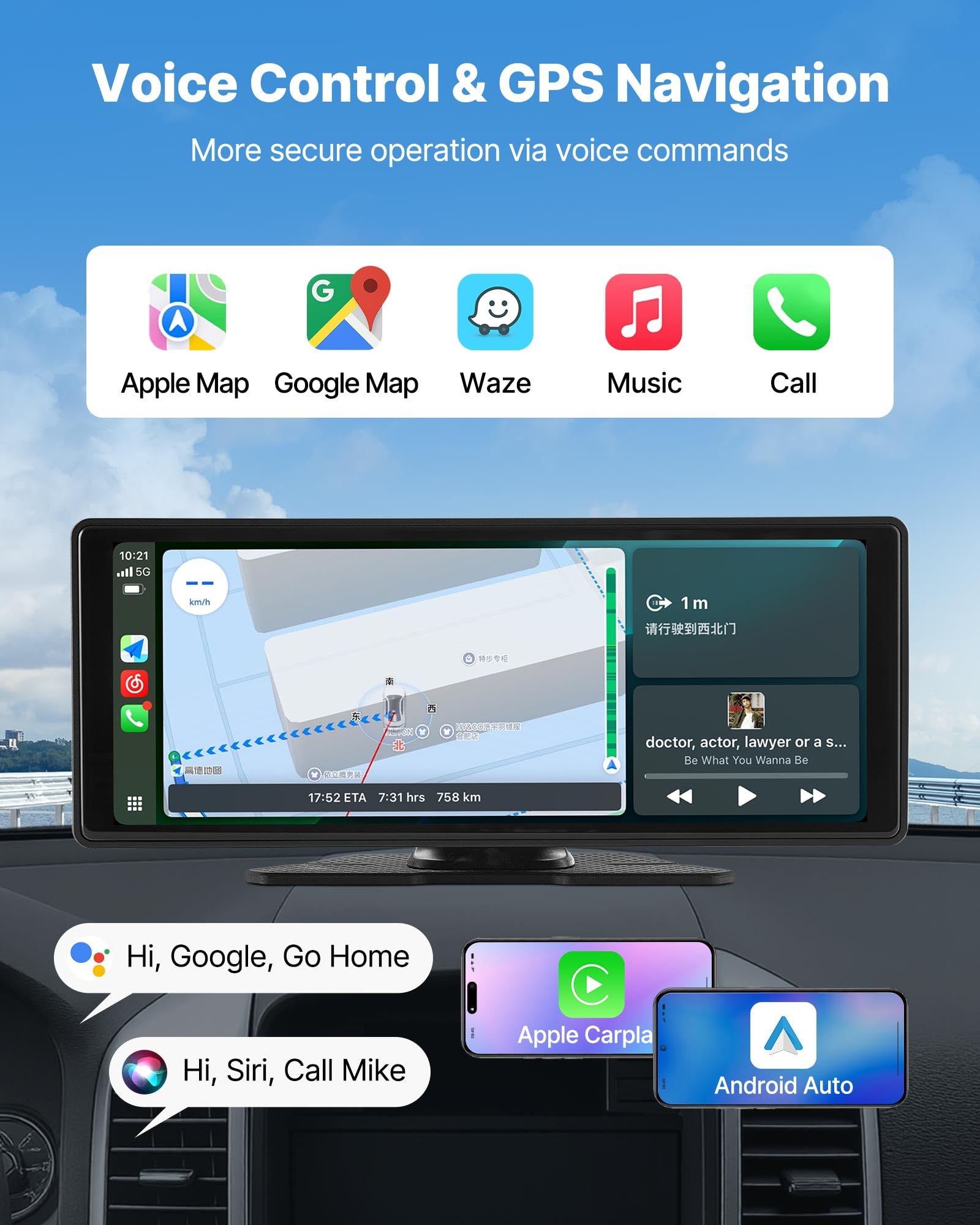 VEVOR Autoradio Wireless 254 mm, Radio Portatile con Touch Screen, Radio HD con Apple CarPlay e Android Auto, Schermo CarPlay con Telecamere, Controllo Vocale, Bluetooth, Navigazione GPS