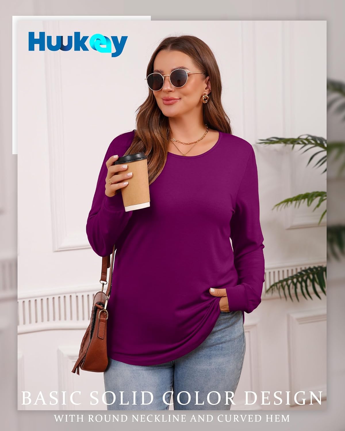 Huukeay 3 Pack Women Plus Size Long Sleeve Tops Loose Fit Tunic Shirts Crewneck Basic Tops Curved Hem Casual T Shirts - Image 3