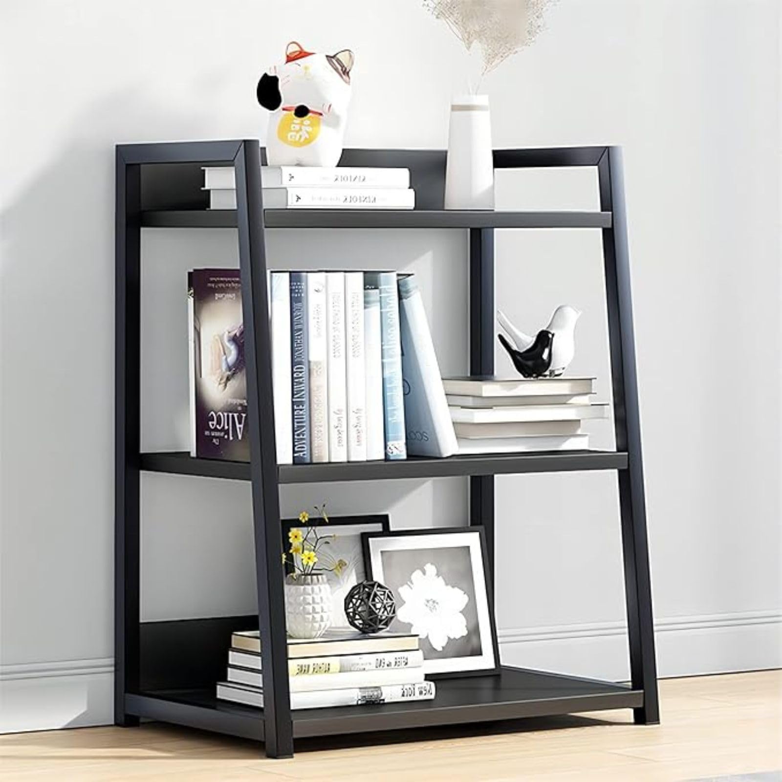 3-Tier Open Bookshelf, Steel Frame Bookcase, Modern Display Stand with Anti-Slip Feet, Water-Resistant (Black, 3-Tier)-image-4