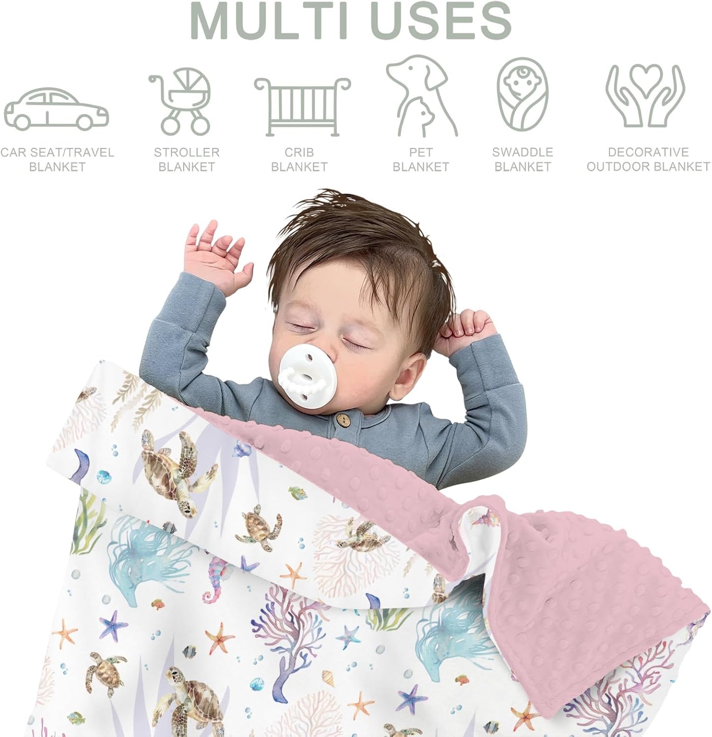 Retro Sea Animals Baby Blankets for Girl Boy Boho Sea Horse Turtle Jellyfish Starfish Coral Soft Mink Dotted Backing Double Layer Swaddle Blanket for Toddler Nursery Ocean Marine Bed Blanket 30x40