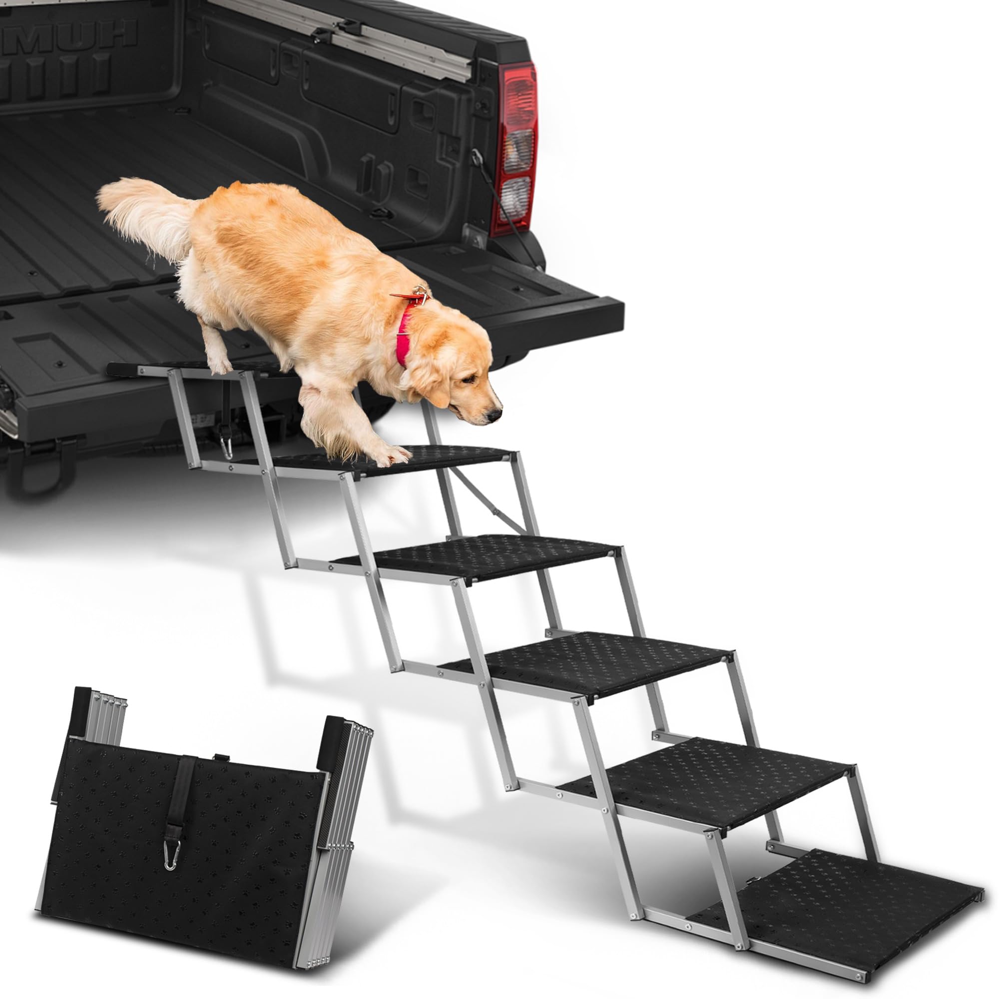 Niubya Dog Ramps for Cars, Portable Folding Dog Stairs for Cars, SUV, Trucks, Lightweight Pet Ramp for Large Dogs with Non-Slip Surface, Reinforced Dog Steps Supports Up to 200 lb, 6 Steps
