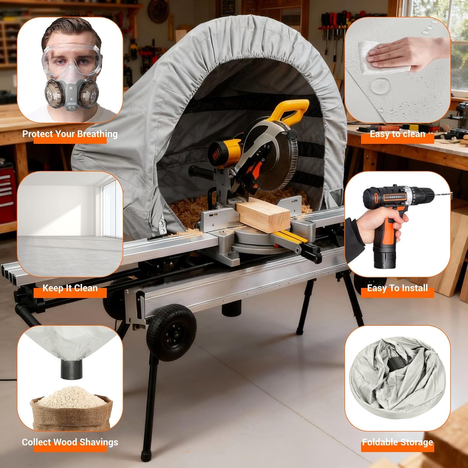 Miter Saw Dust Collector Hood, Heavy-Duty Oxford Fabric Dust Solution for Table Miter Saw with 4" Vacuum Port & Storage Bag, Fits Most Standard 10" Sliding/Chop Saws, Grey