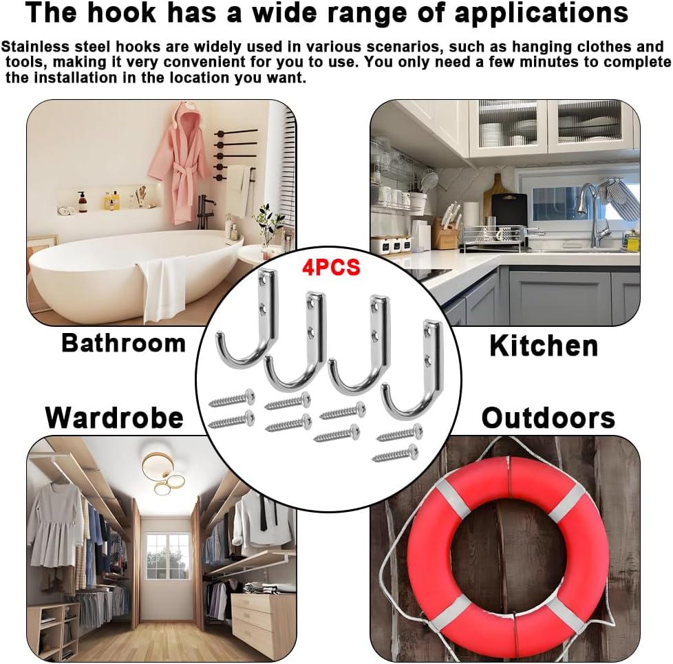 Heavy 316 Duty Stainless Steel J-Type Wall Hooks, Marine Grade Wall Hanger Key Hook for Wall Mounted Clothing Coat Outdoor Kitchen Garage Utility Hanging Wardrobe Storage Screw Utility, 4PCS