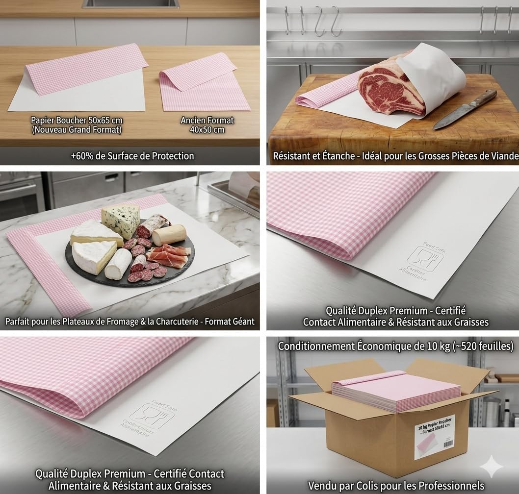Papier Alimentaire Blanc Imprimé Rose Duplex 50x65 cm - 60g/m² - Colis 10kg - Papier Boucherie Résistant, Emballage pour Viande, Charcuterie, Fromage, Poisson et Traiteur - Grand Format