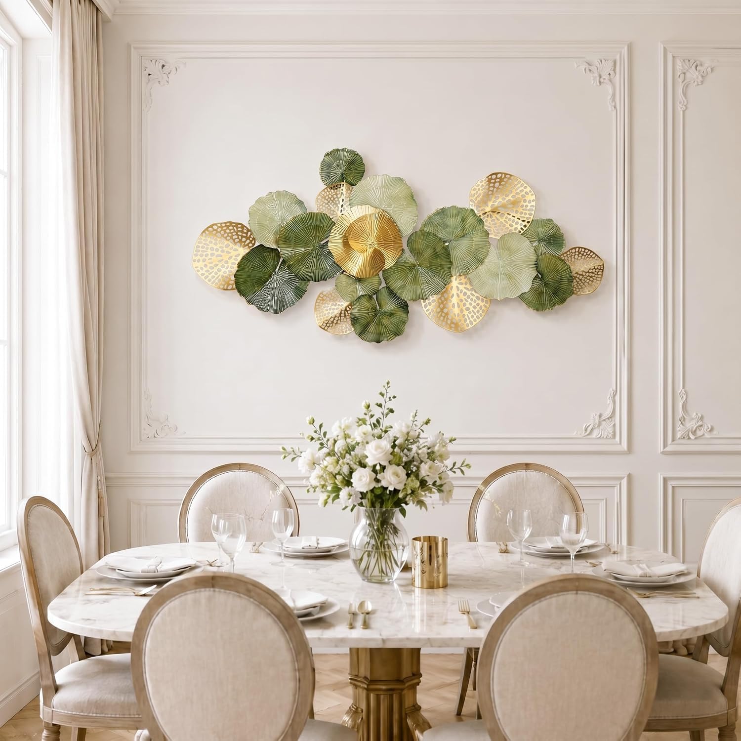 Genérico Gran Decoración Pared de Metal,Hojas de Loto 3D para Salón | 130×64cm,Acabada a Mano,Con Montaje Horizontal O Vertical,Para Dormitorio,Comedor,Despacho,Pasillo Y Hotel