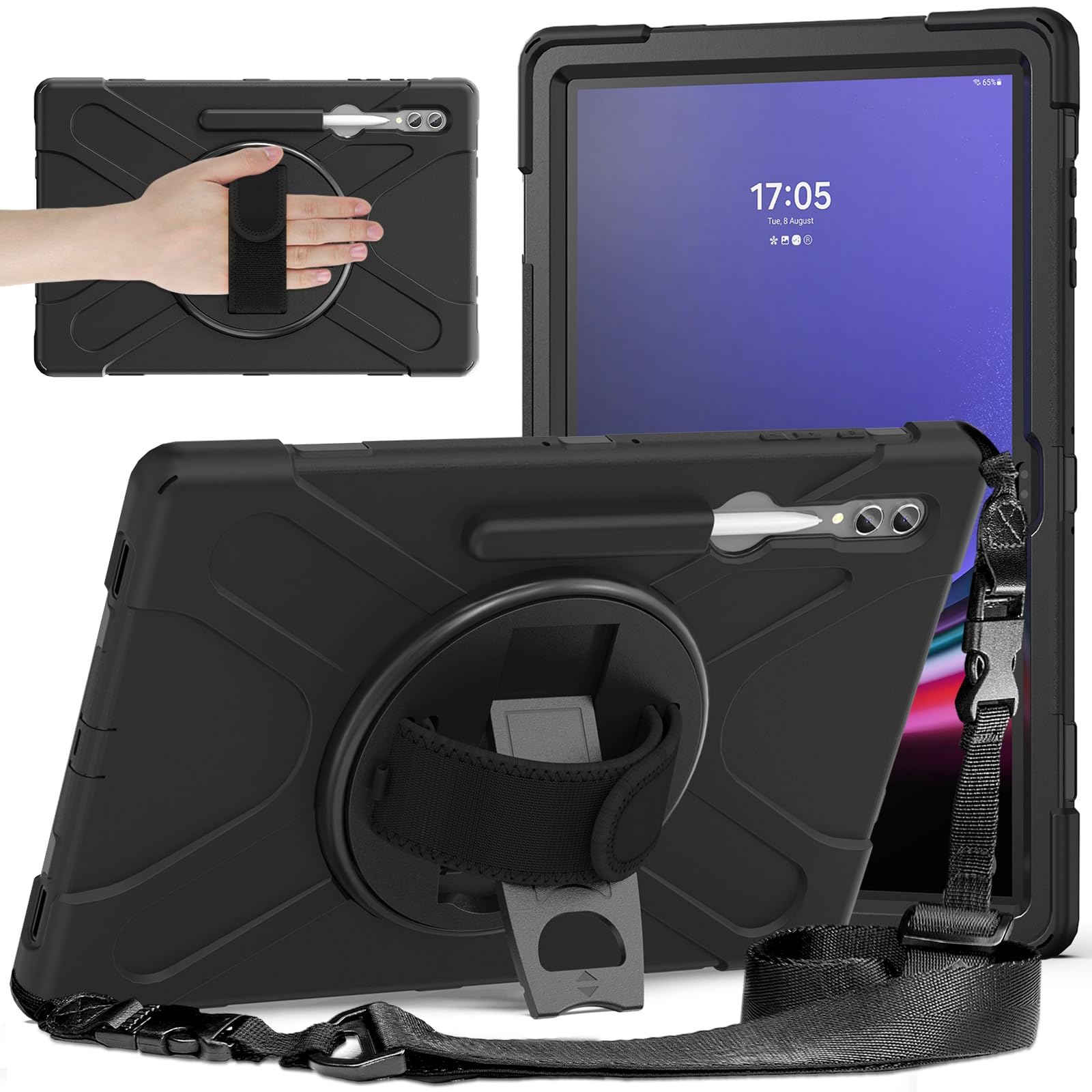 Kompatybilny z etui Samsung Galaxy Tab S9 Ultra 14,6 cala 2023 SM-X910/X916B/X918U Etui uchwytem na długopis, wytrzymałe, odporne wstrząsy chroniące przed upadkiem Osłona paska ramię dla dzieci(Noir)