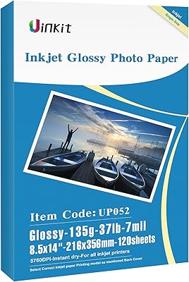 Uinkit 120sheets Thin Glossy Paper 8.5x14 Inches Legal Size 135gsm 37lb Inkjet Single Side DIY Chip Bags Printer Paper for Picture Brochure Flyer Compatible with Inkjet Printer Use DYE INK