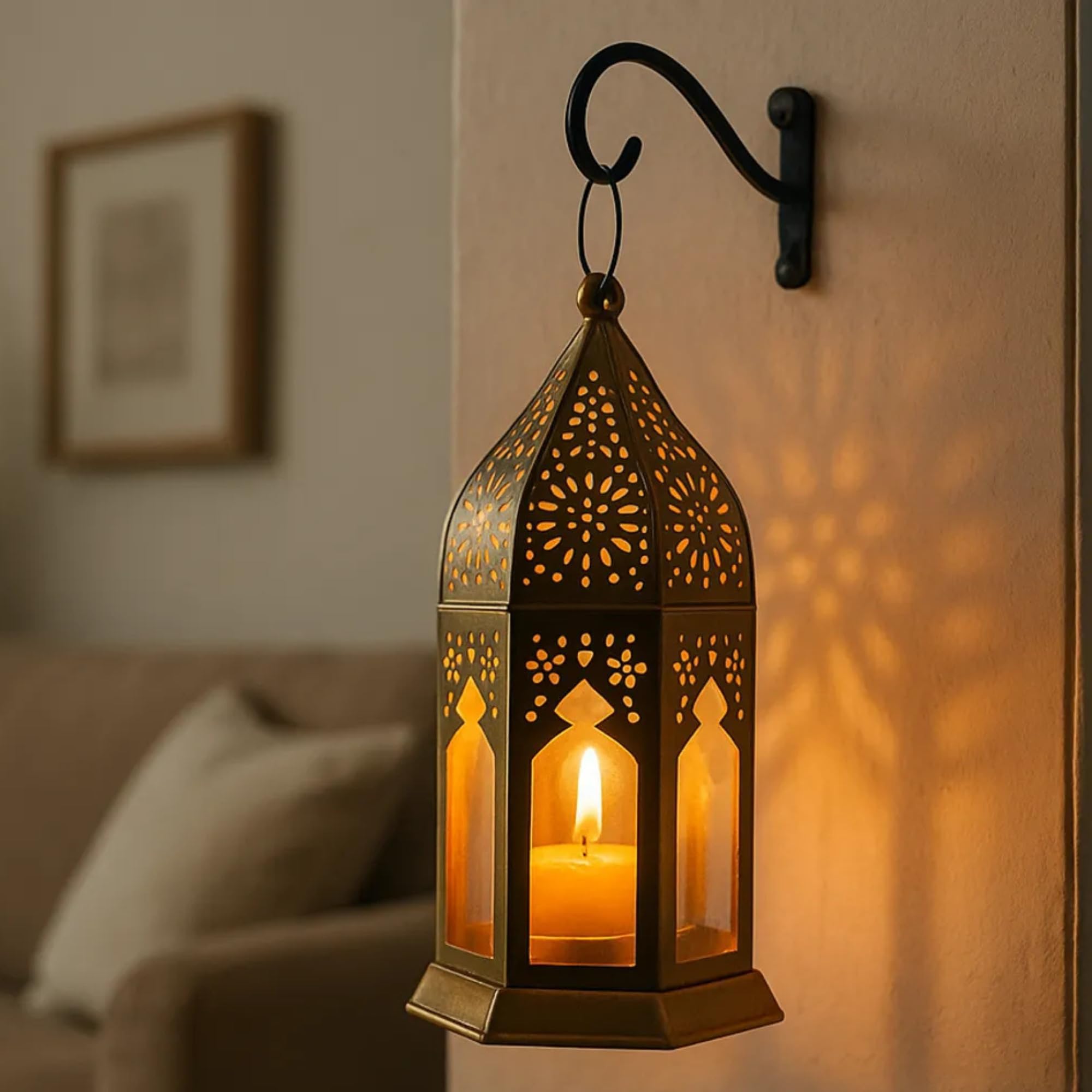 Moroccan Style Decorative Hanging Lantern, Gold Metal Candle Holder with Intricate Cutout Design, Hexagonal Shape with Glass Panels-image-4