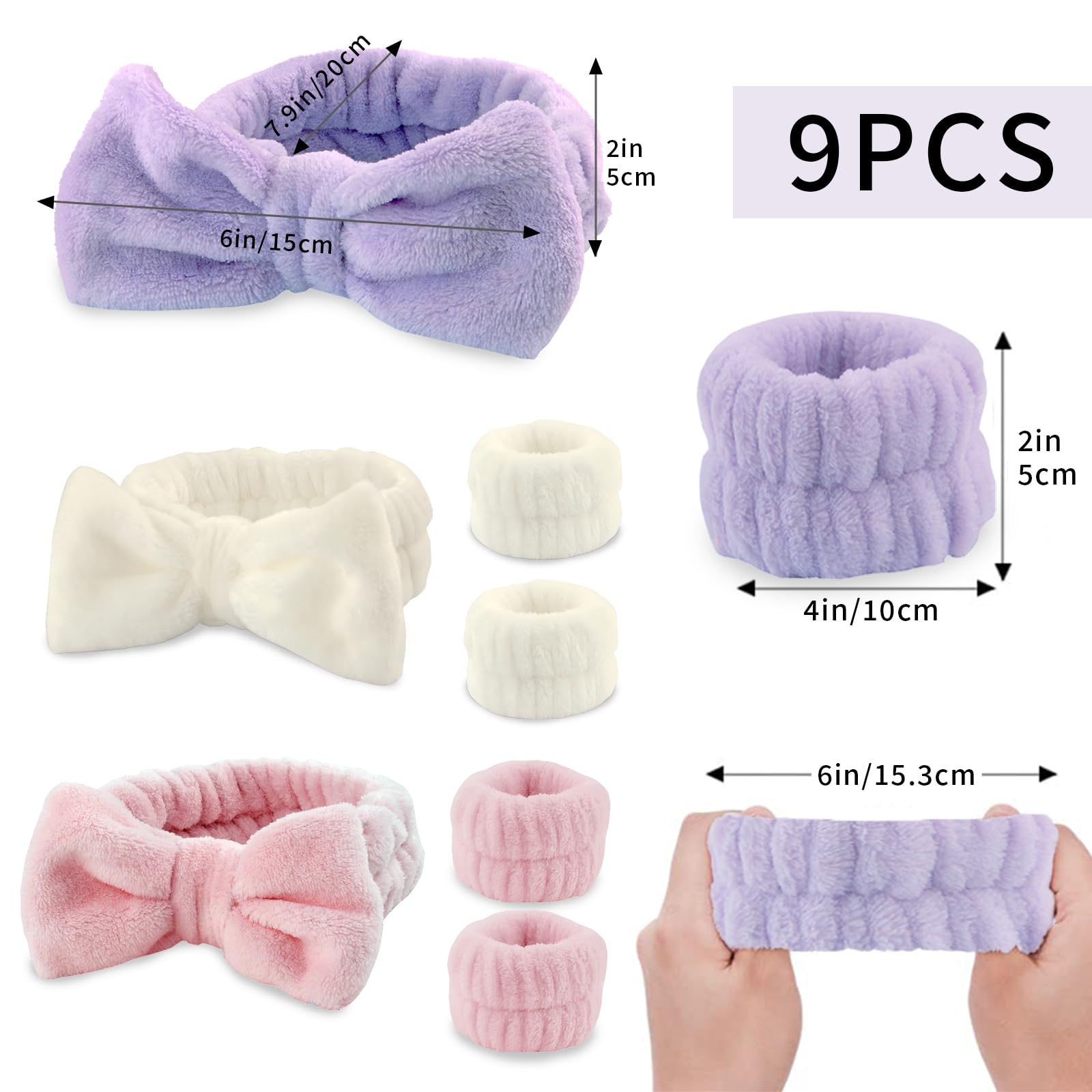 9 Pcs Skincare Headband, Soft Facial Makeup Hairband Wrist Bands for Face Washing SPA Shower Makeup Headband Wristbands - Image 2