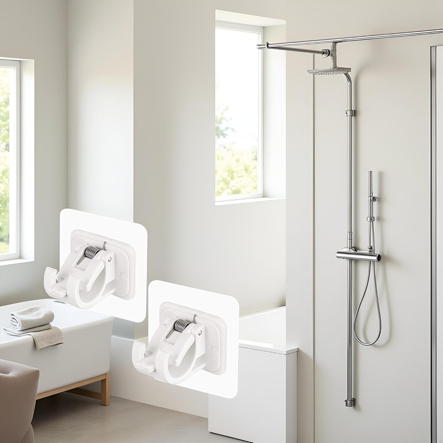 2Pcs White Nail-Free Adjustable Curtain Rod Holder Drill Curtain Rod Brackets No Drilling Clamp Hooks Rod Bracket Holders Glue Wall Curtain Fixed Clip Hanging Rack Hook Hangers for Bathroom Kitchen