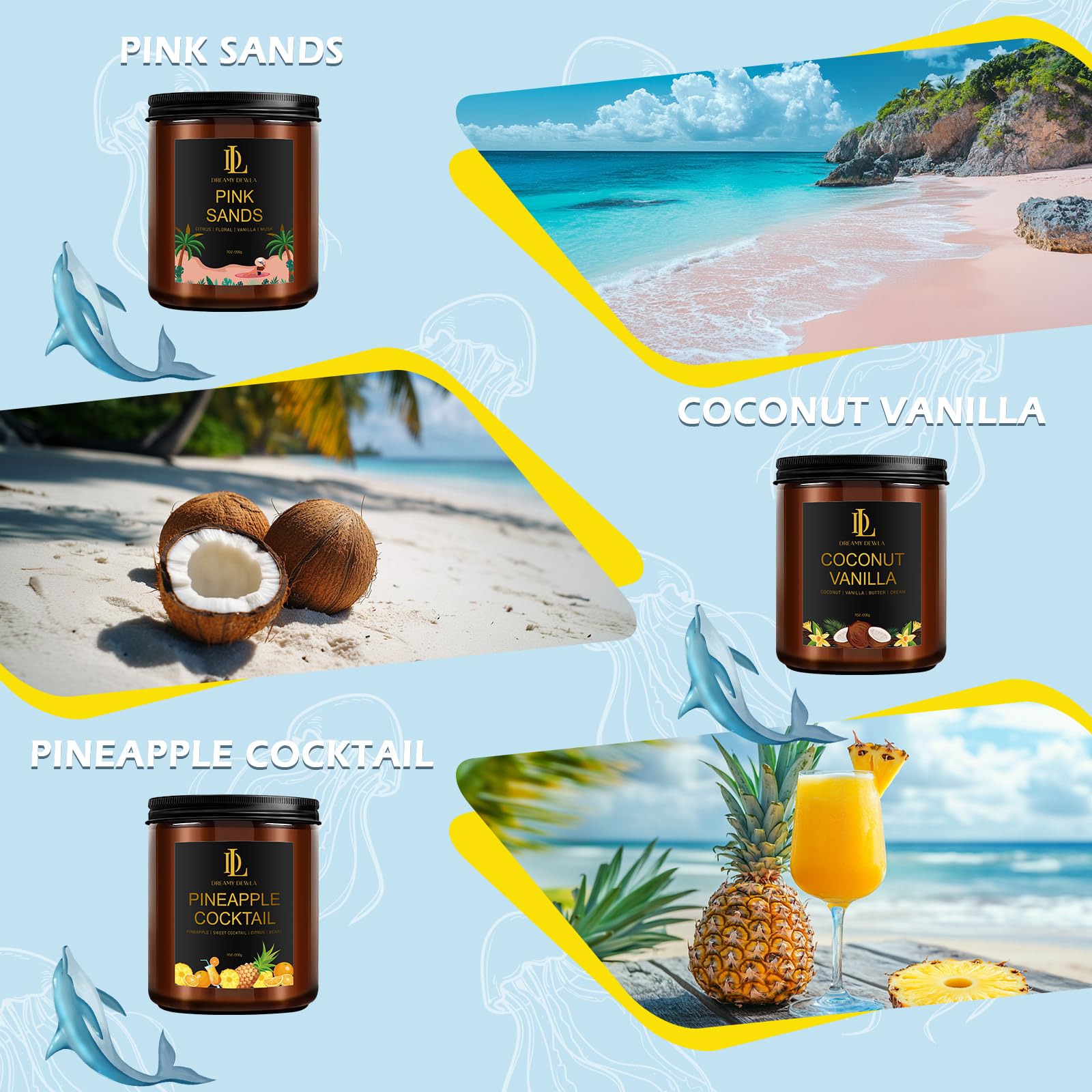 Juego de 6 velas perfumadas, 42 onzas, 300 horas de larga duración, velas de soja para el hogar, aromas de arena rosa/vainilla de coco/brisa de Bahama/cóctel de piña/limón iciliano/helado de vainilla